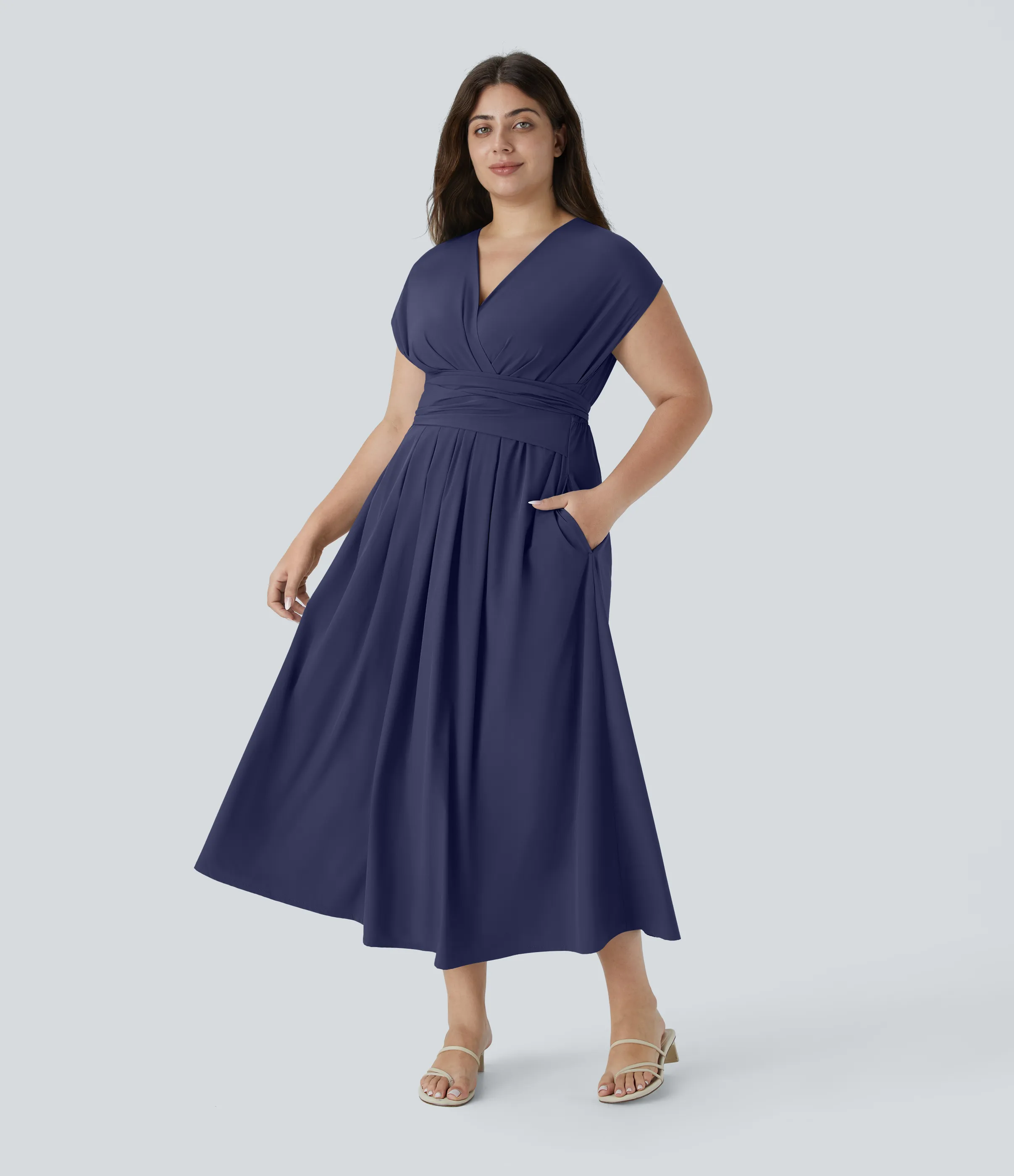 Halara Vestido midi Breezeful™ talla grande cuello V manga corta bolsillo lateral lazo espalda secado rápido - Patriot Blue - 1X sold by Halara