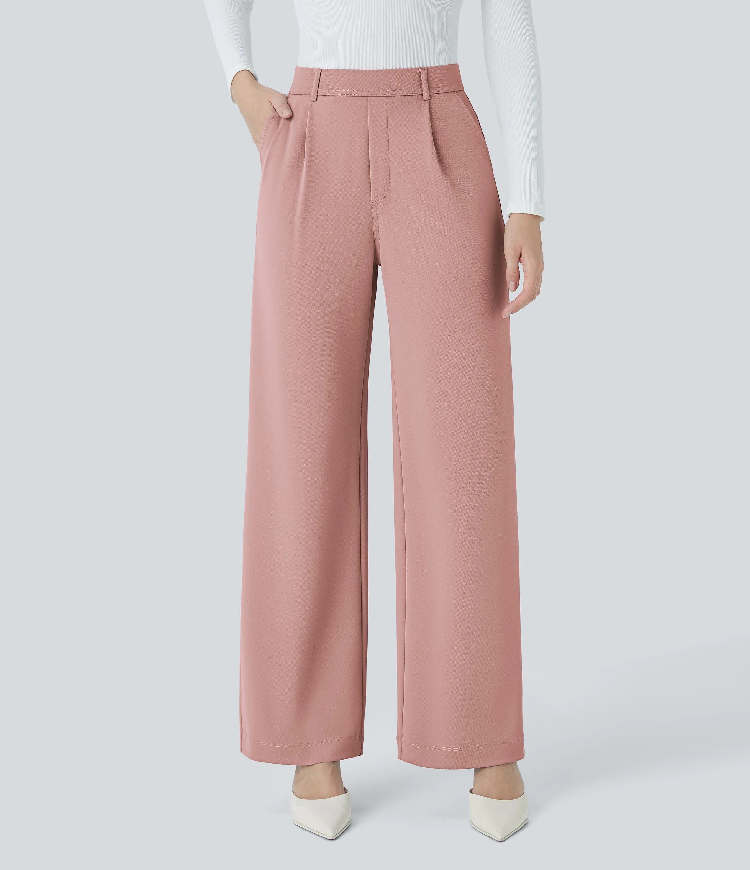 Halara Pantalón Halara Flex™ oficina crepé pierna recta bolsillo lateral tiro alto - Red Jade Pink - M(regular) sold by Halara product image thumbnail 3