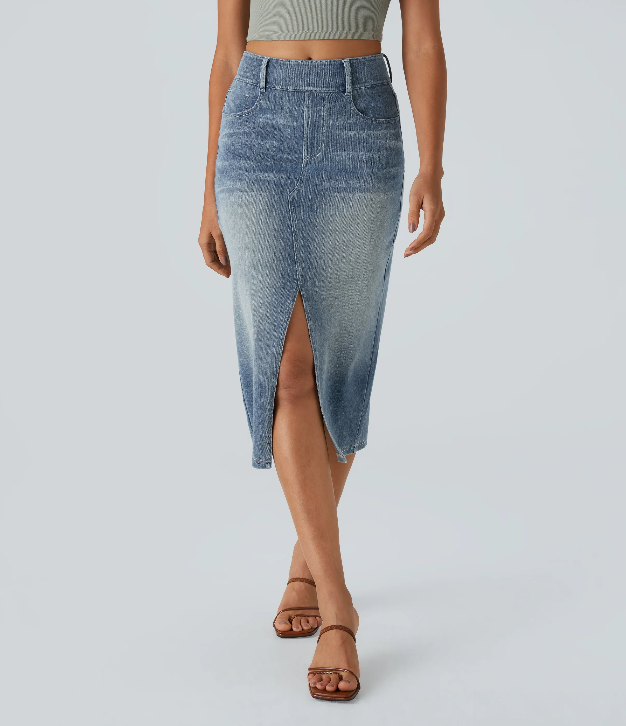 Halara Falda Midi Halara Flex™ Denim elástica de tiro alto descolorida con múltiples bolsillos - Blue Gray Denim - M(regular) sold by Halara product image thumbnail 2