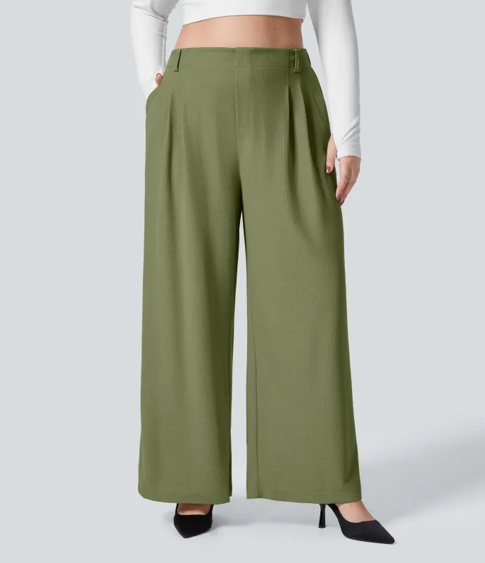 Halara Pantalón Halara Flex™ oficina tiro alto pliegue bolsillo lateral pierna ancha gofre talla grande - Loden Green - 1X(petite) sold by Halara