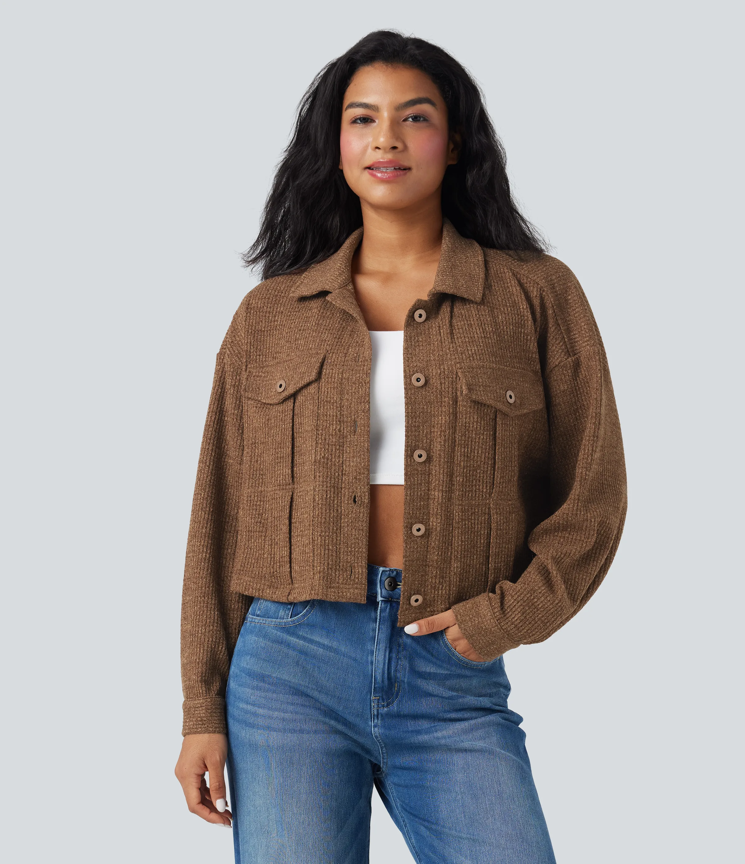 Halara Chamarra casual de punto gofre de manga larga con bolsillos - Toffee - S sold by Halara product image thumbnail 2