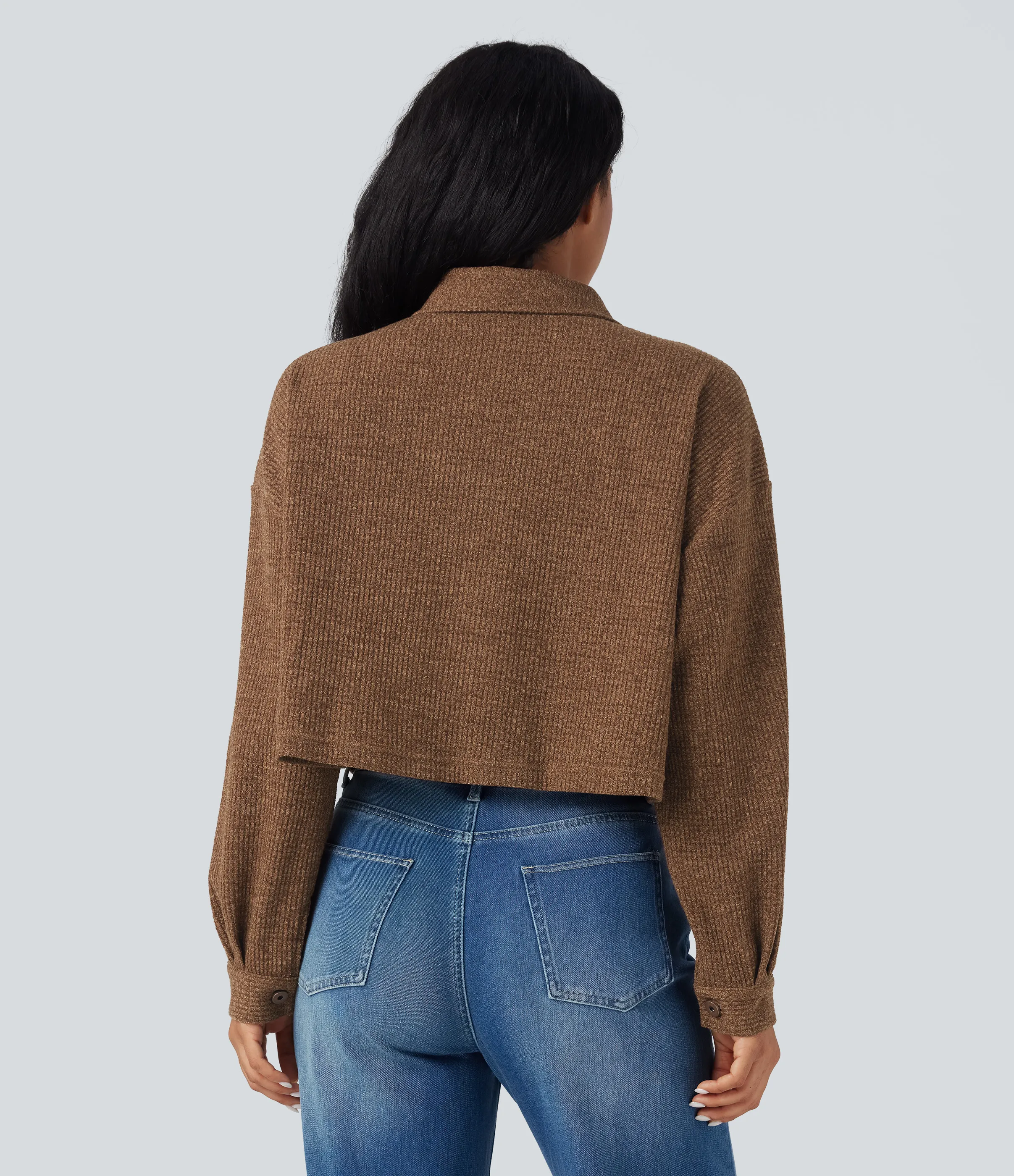 Halara Chamarra casual de punto gofre de manga larga con bolsillos - Toffee - S sold by Halara product image thumbnail 3