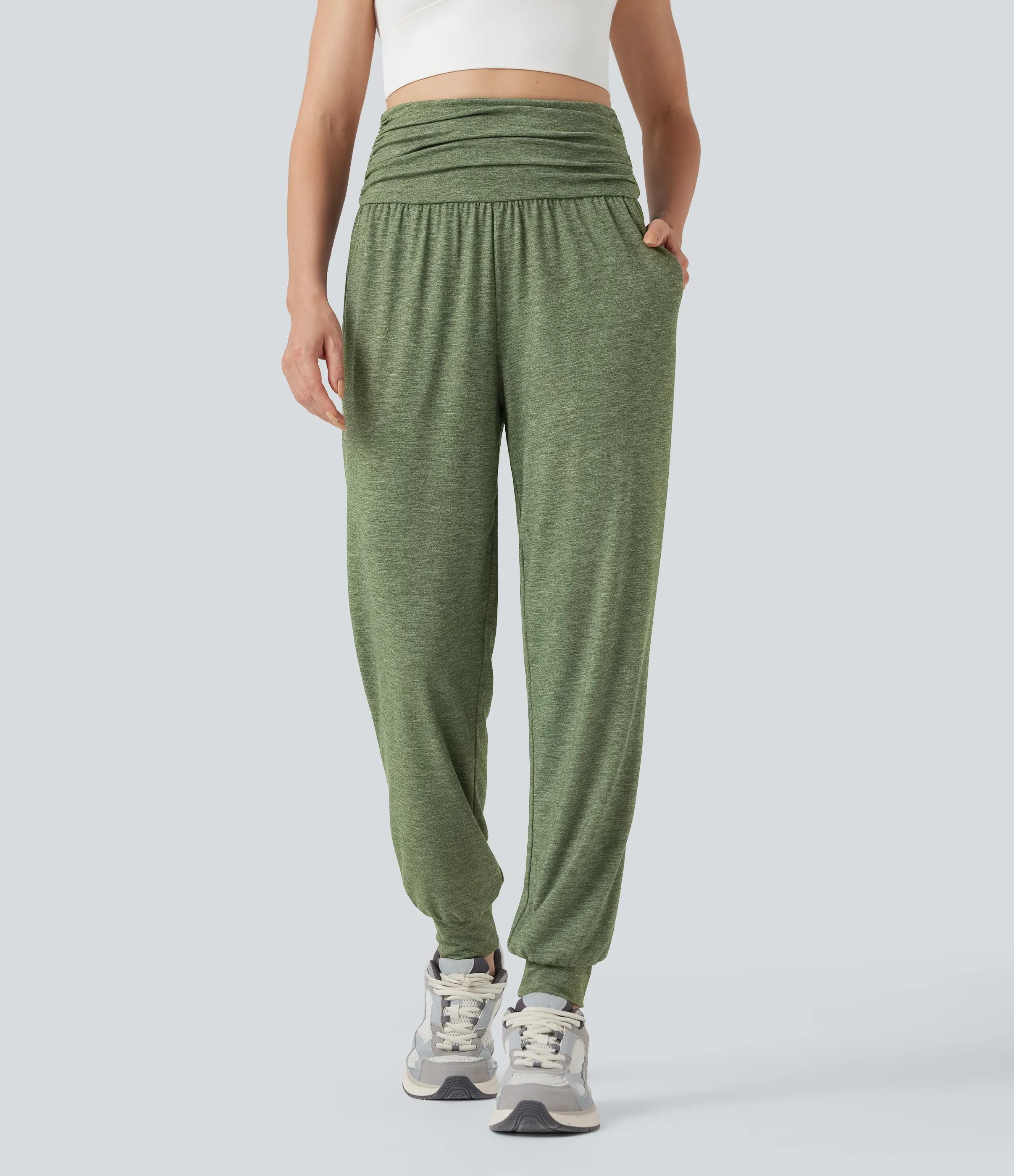 Halara Pantalones de yoga de tiro alto fruncido y jaspeados con bolsillos - Light Green Floral Yarn - M(regular) sold by Halara product image thumbnail 4