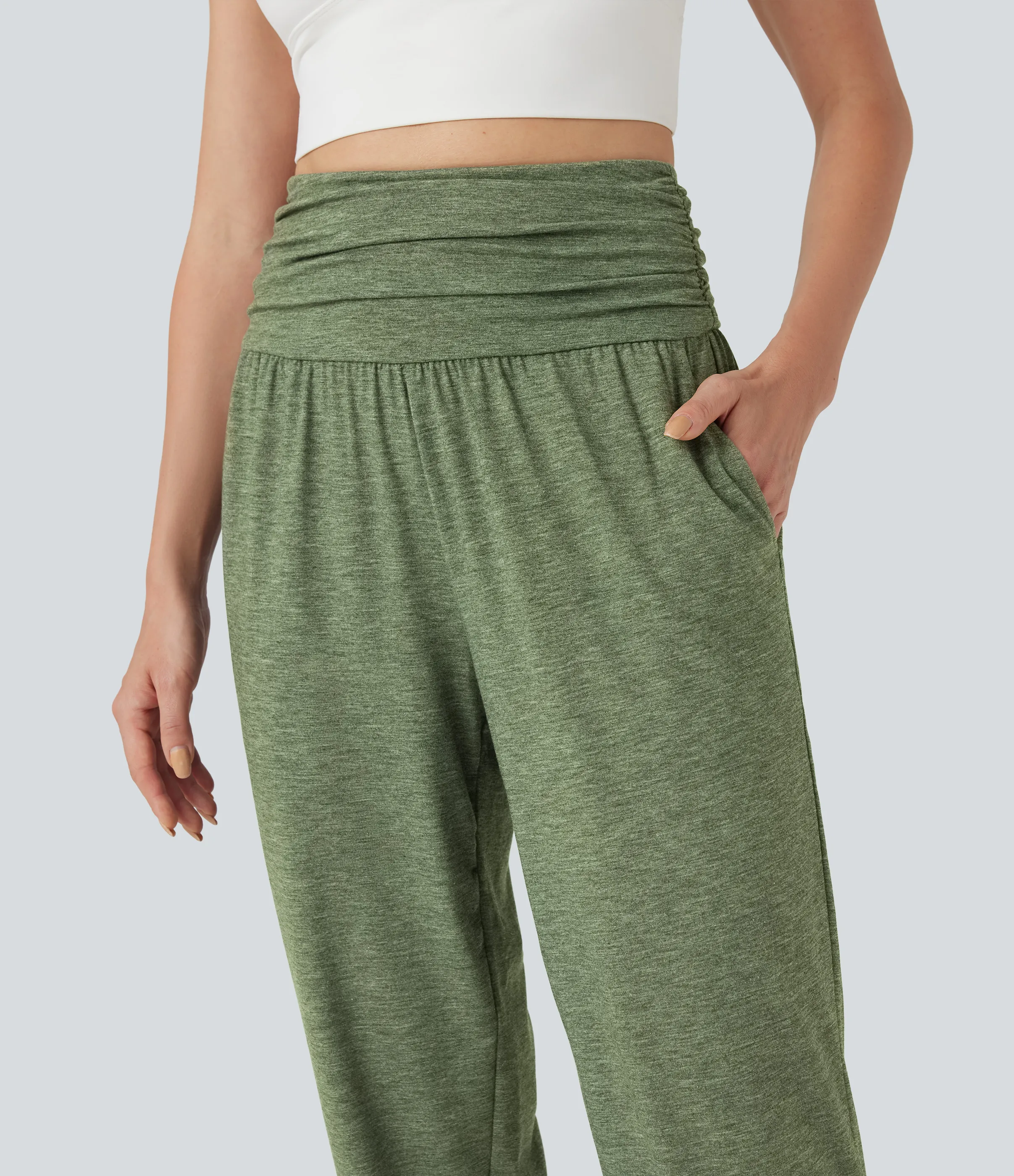 Halara Pantalones de yoga de tiro alto fruncido y jaspeados con bolsillos - Light Green Floral Yarn - M(regular) sold by Halara product image thumbnail 5