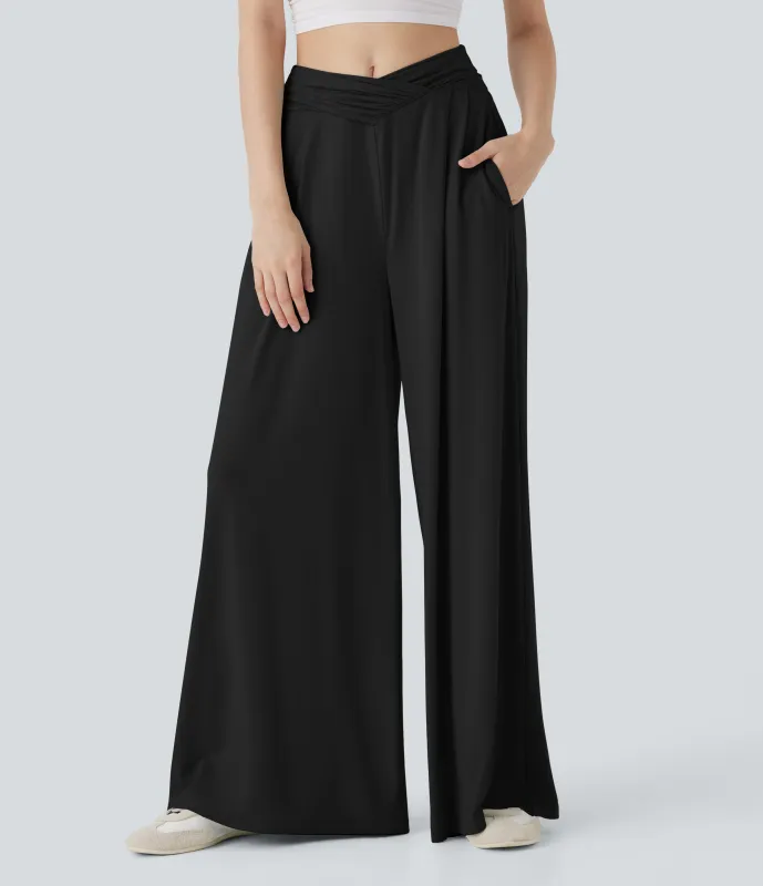 Halara Pantalones rectos casuales de tiro medio cruzado con fruncido y bolsillos laterales - Black - XS(regular) sold by Halara