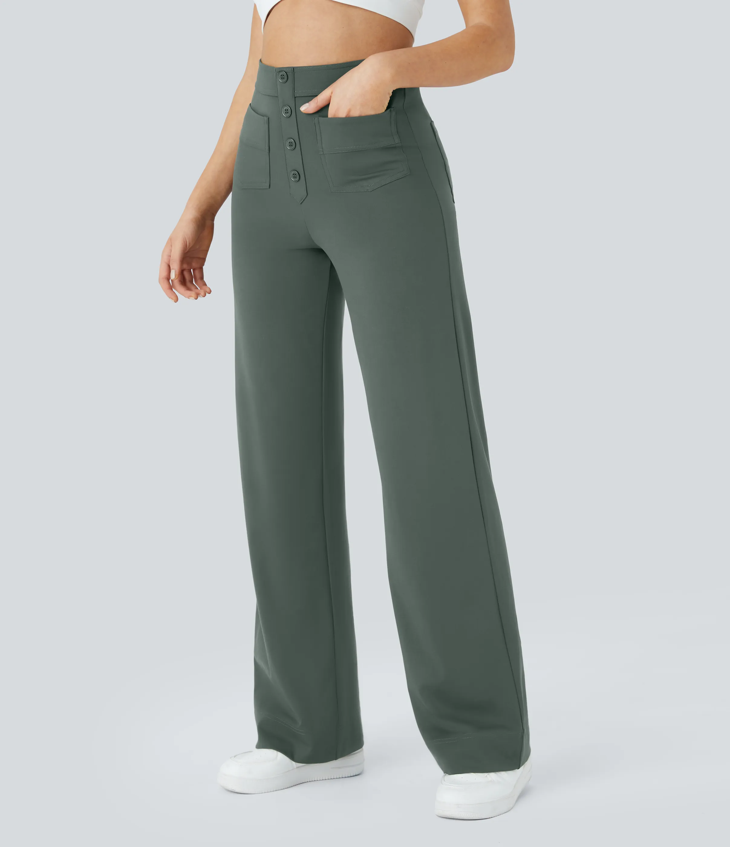 Halara Pantalones pierna recta múltiple bolsillo botón tiro alto - Deep Aquamarine - M(petite) sold by Halara product image thumbnail 4