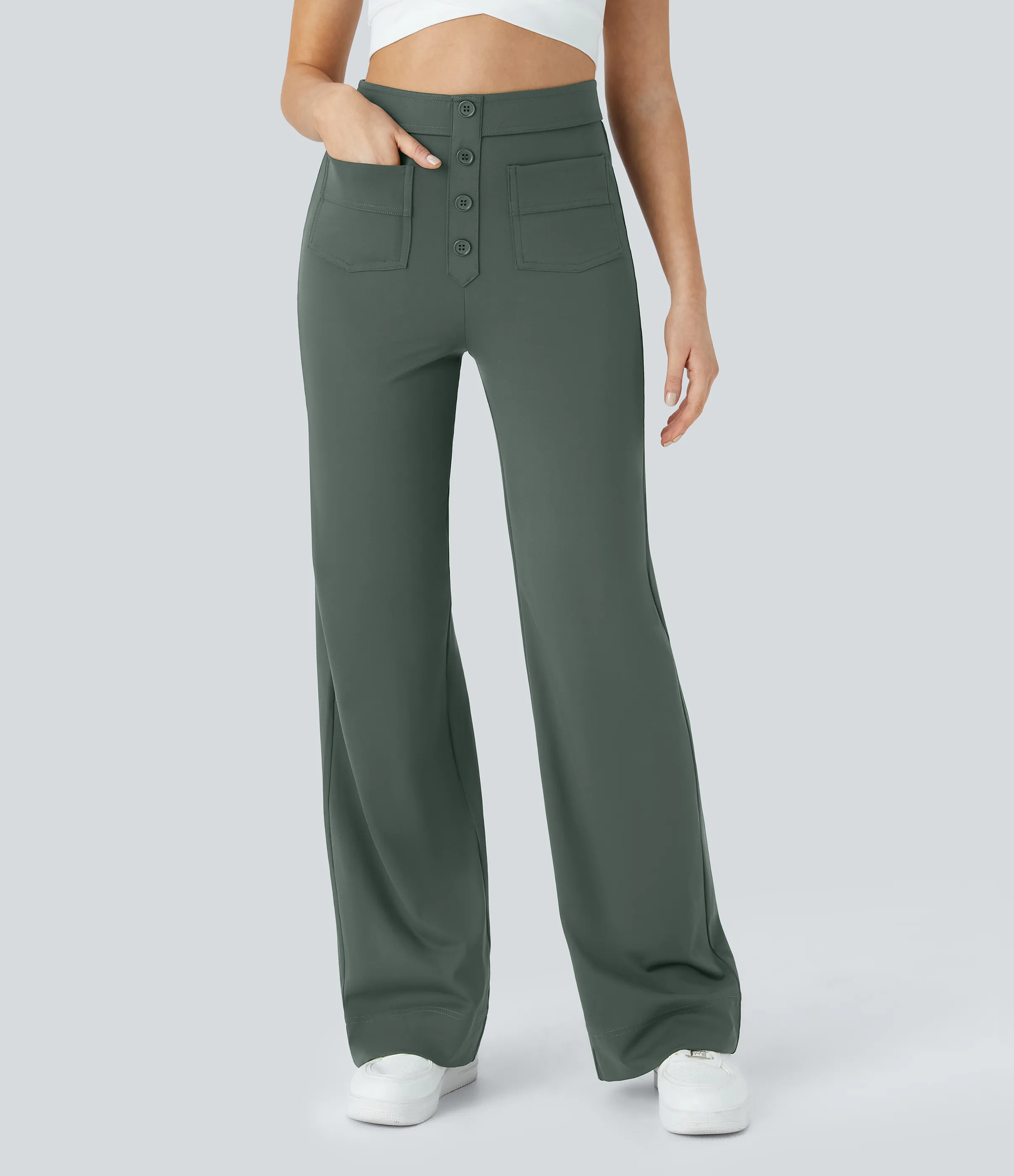 Halara Pantalones pierna recta múltiple bolsillo botón tiro alto - Deep Aquamarine - M(petite) sold by Halara product image thumbnail 5