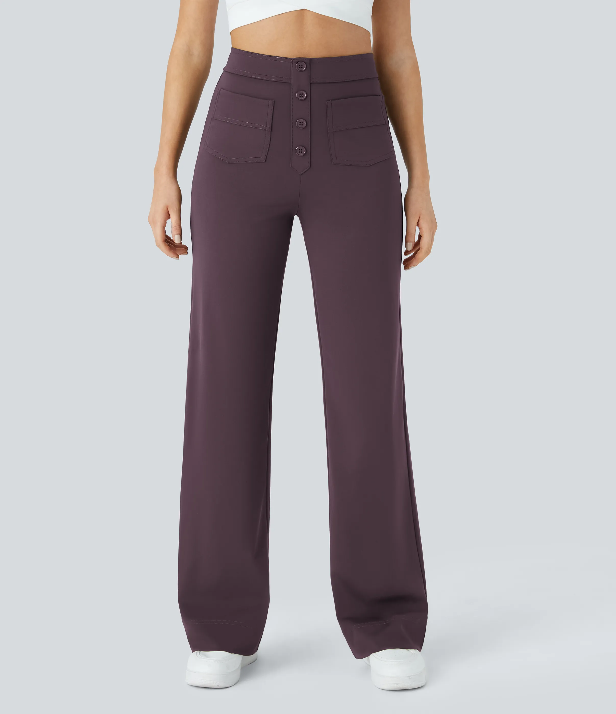 Halara Pantalones pierna recta múltiple bolsillo botón tiro alto - Dusky Evening purple - XL(tall) sold by Halara