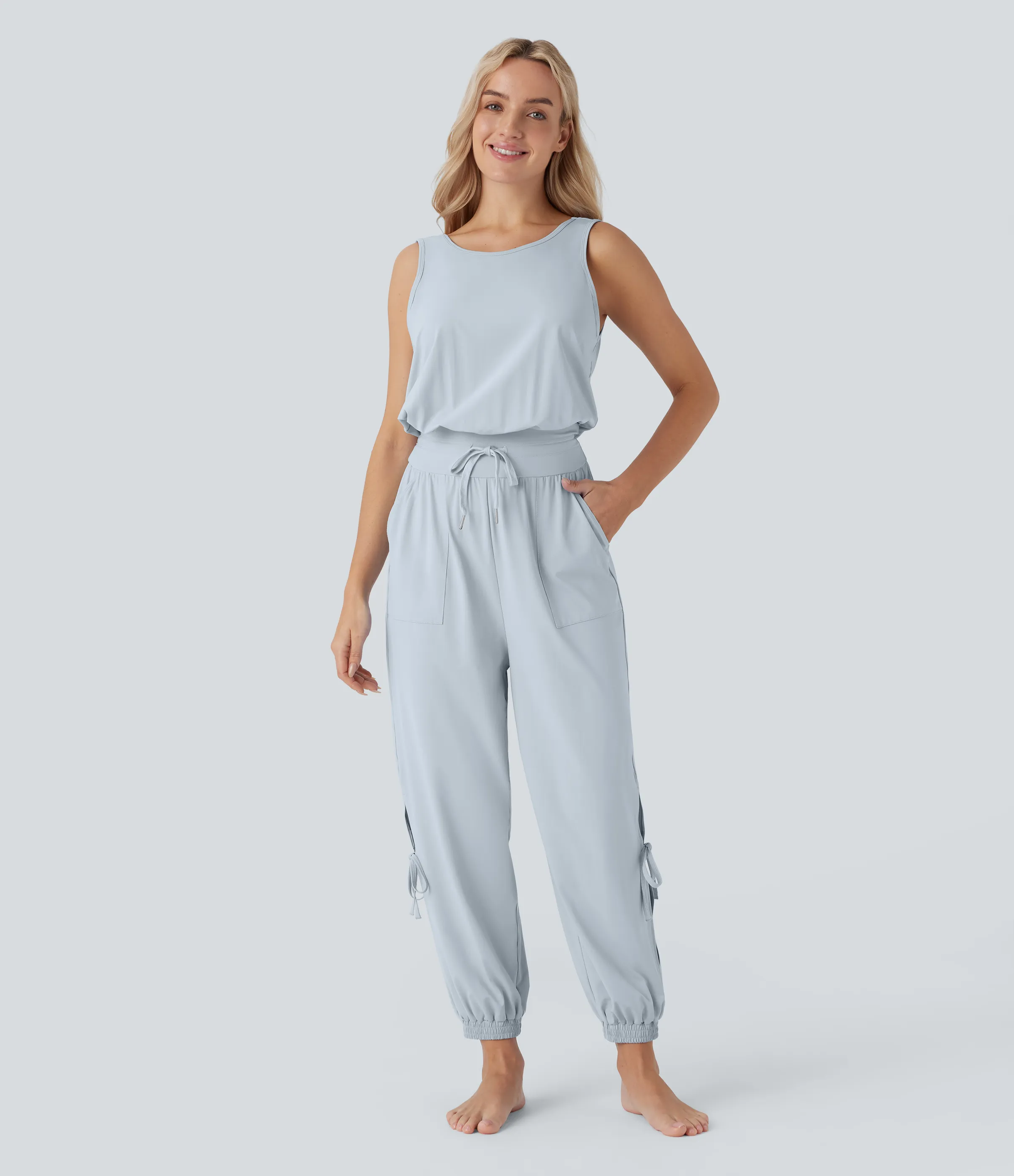 Halara Jumpsuit de yoga sin mangas con espalda descubierta, cordón ajustable y bolsillos laterales de tacto fresco - UPF50+ - Illusion Blue - L(regular) sold by Halara product image thumbnail 3