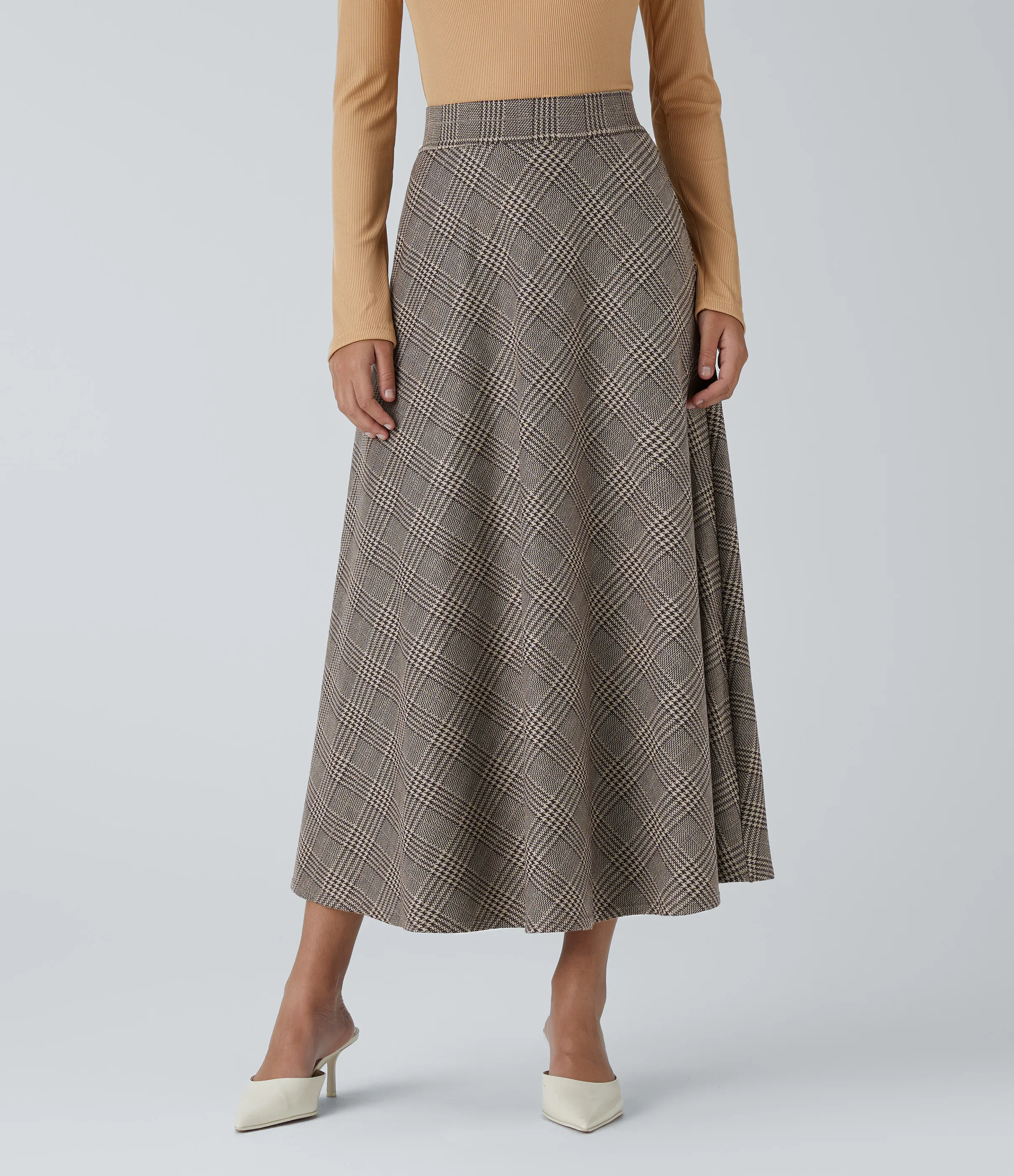 Halara Falda midi acampanada cuadro pata gallo bolsillo lateral tiro alto - Brown Houndstooth Plaid - XL(regular) sold by Halara product image thumbnail 2