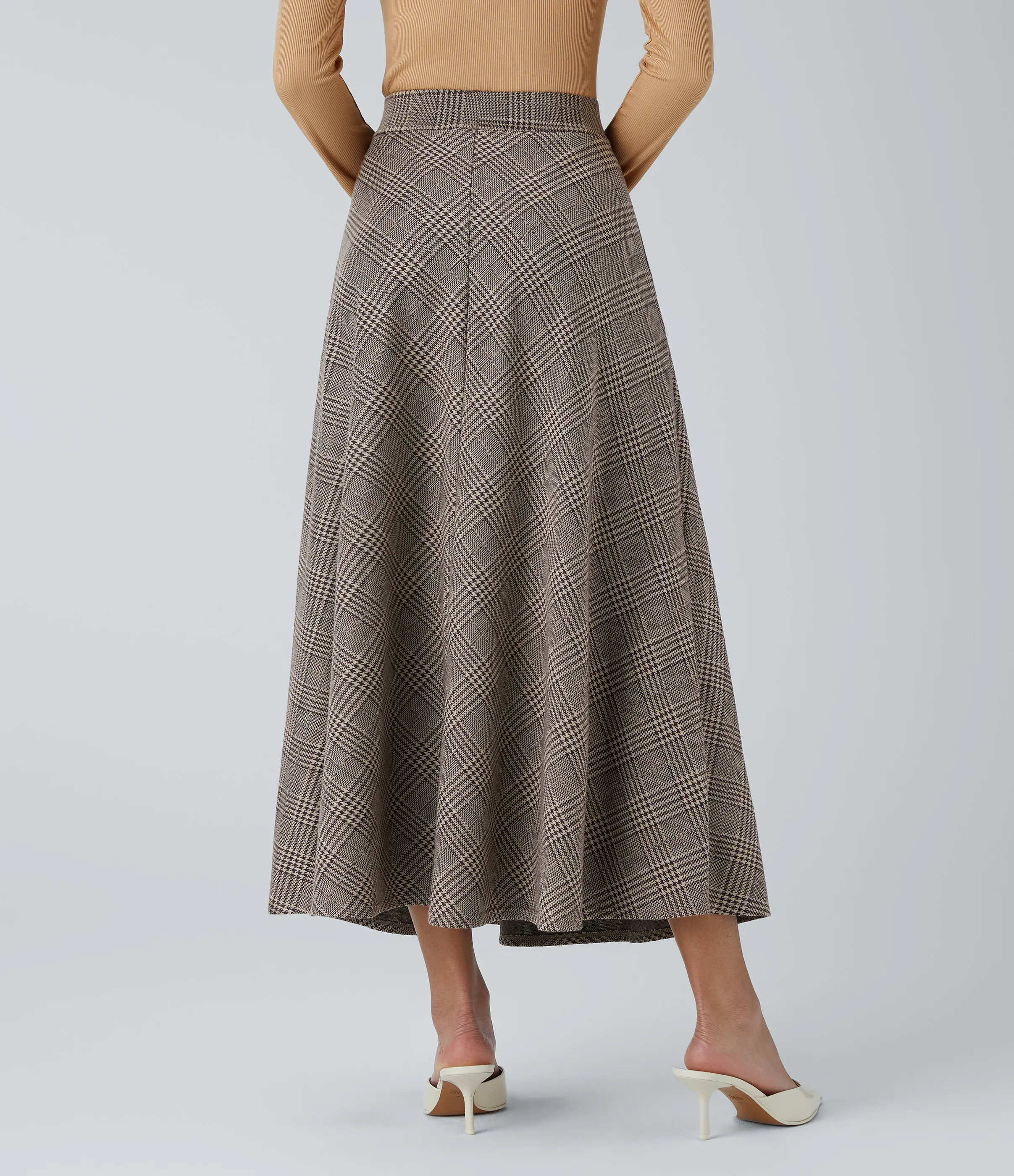 Halara Falda midi acampanada cuadro pata gallo bolsillo lateral tiro alto - Brown Houndstooth Plaid - XL(regular) sold by Halara product image thumbnail 3
