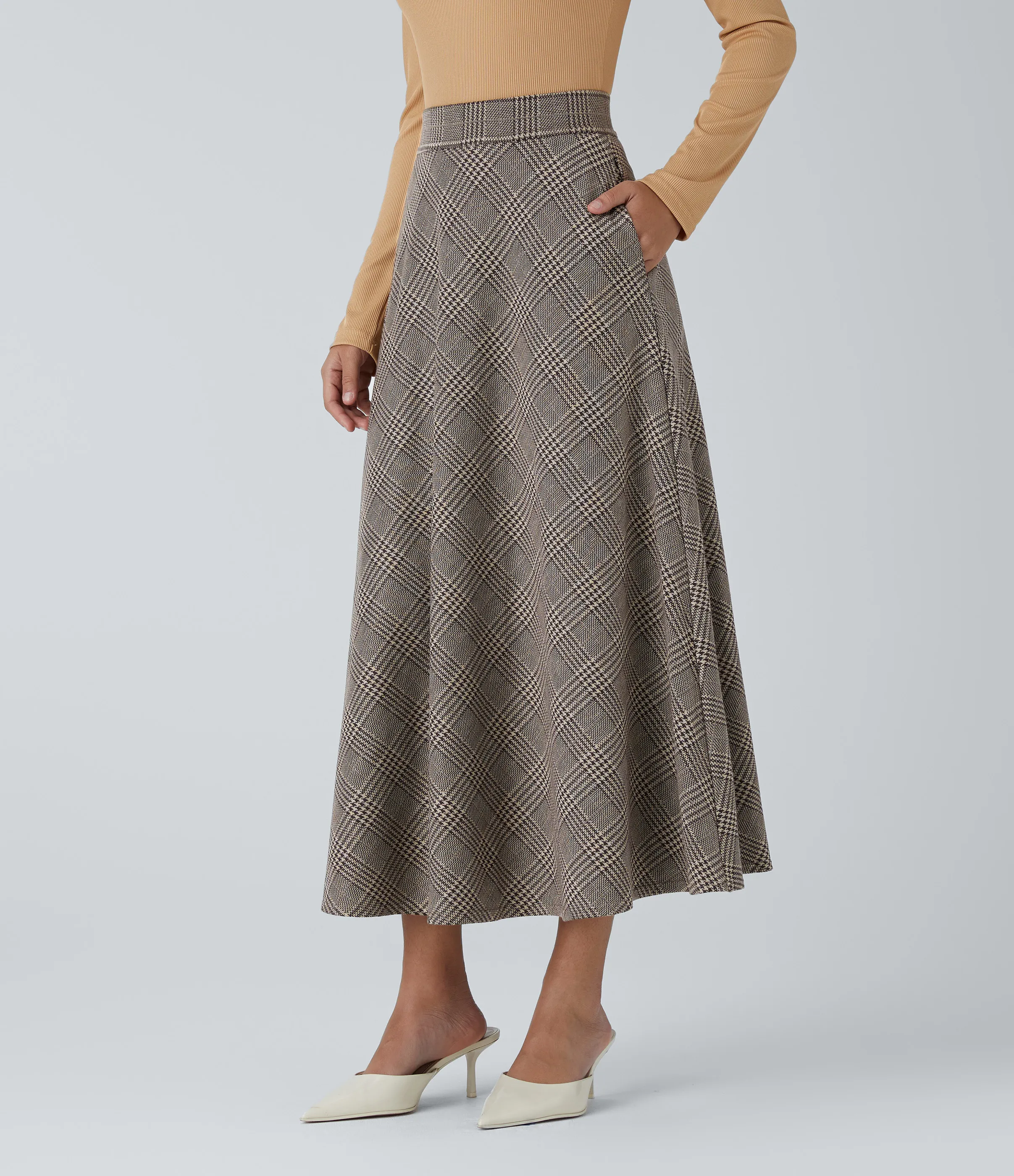 Halara Falda midi acampanada cuadro pata gallo bolsillo lateral tiro alto - Brown Houndstooth Plaid - XL(regular) sold by Halara product image thumbnail 4