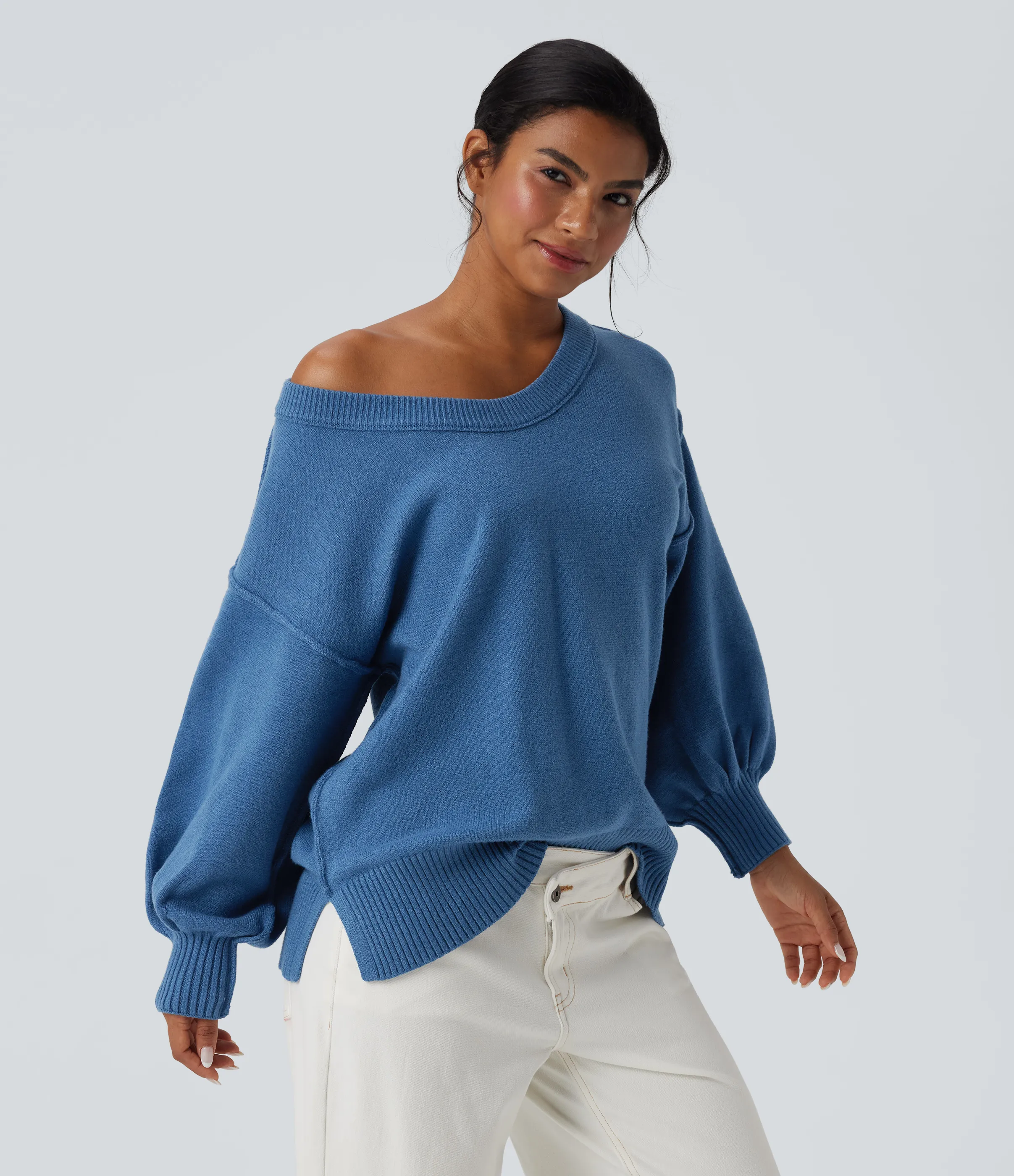 Halara Suéter casual con escote en V de manga larga con hombros caídos y abertura - High Tide - XL sold by Halara product image thumbnail 5