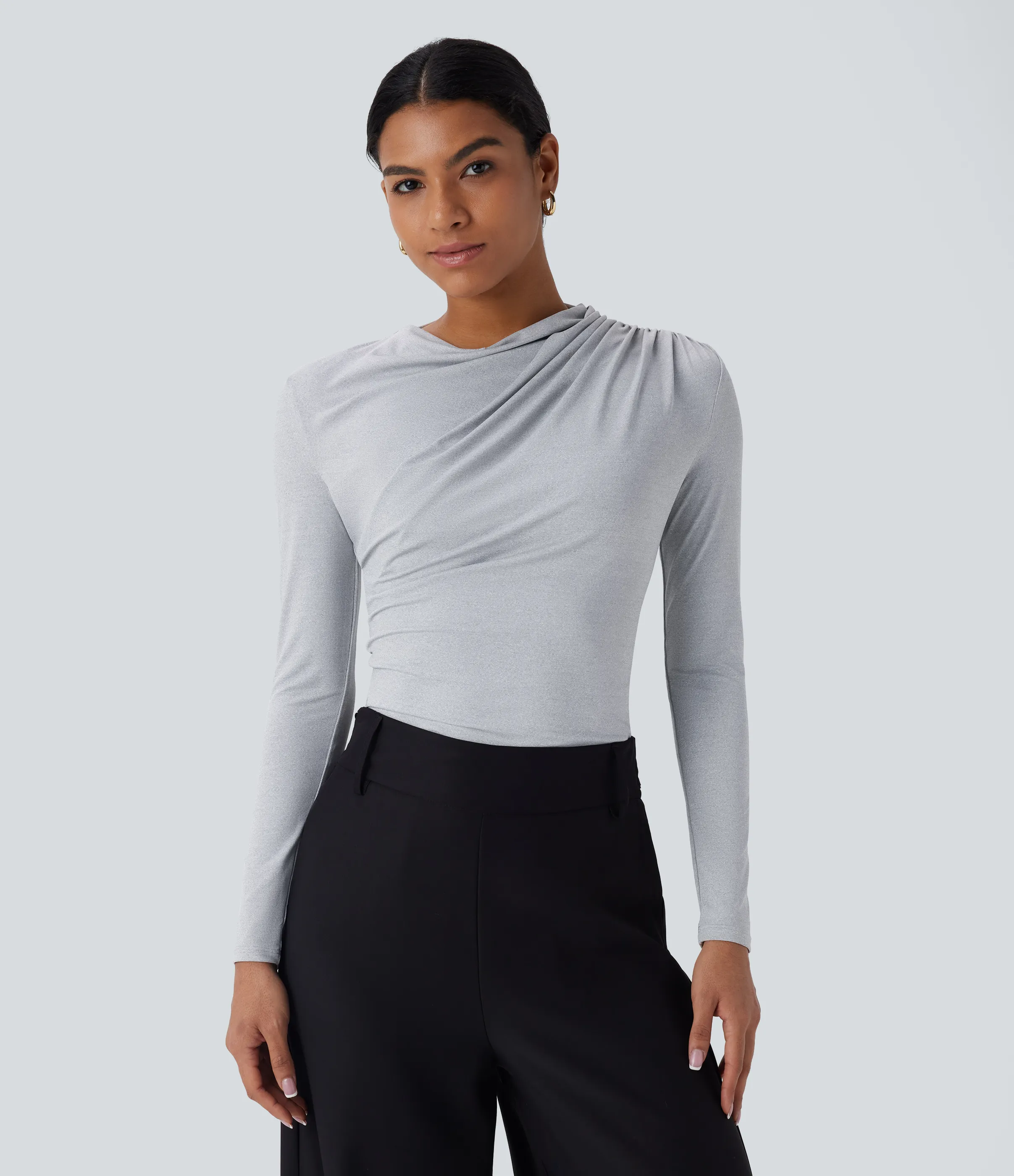 Halara Blusa oficina ajustada manga larga fruncida cuello vuelto - Mottled Grey - XL sold by Halara product image thumbnail 2