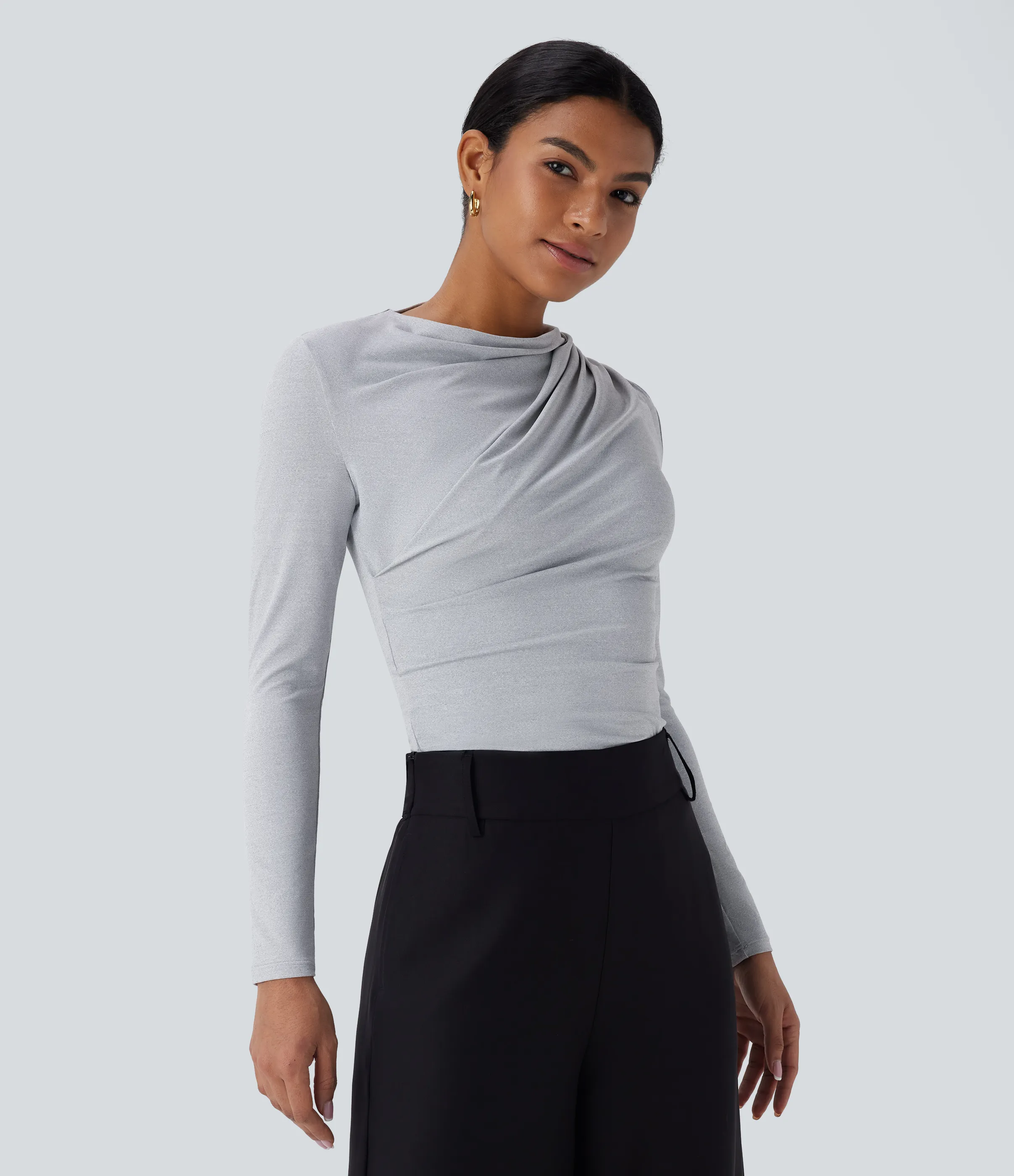 Halara Blusa oficina ajustada manga larga fruncida cuello vuelto - Mottled Grey - XL sold by Halara product image thumbnail 4