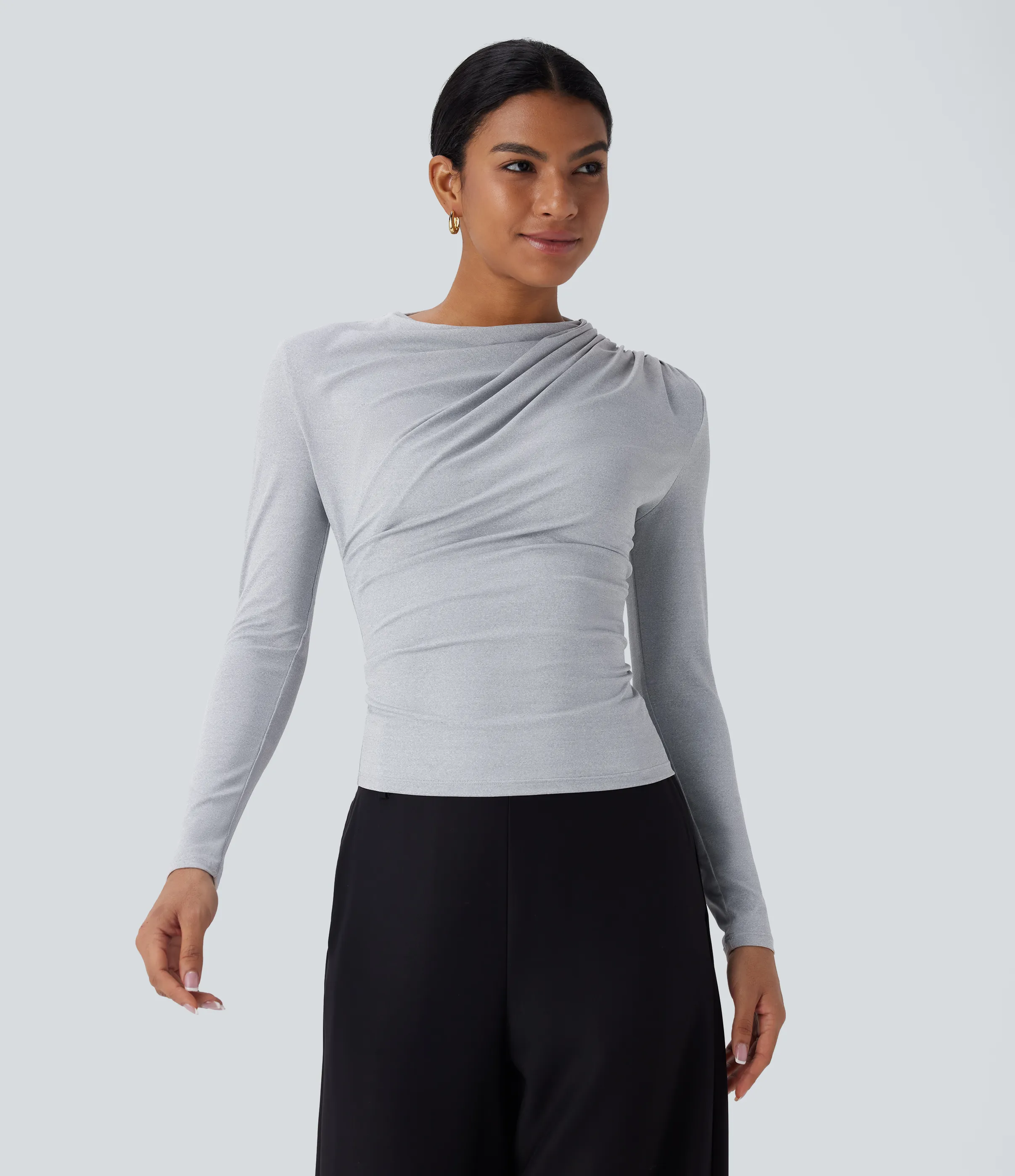 Halara Blusa oficina ajustada manga larga fruncida cuello vuelto - Mottled Grey - XL sold by Halara product image thumbnail 5