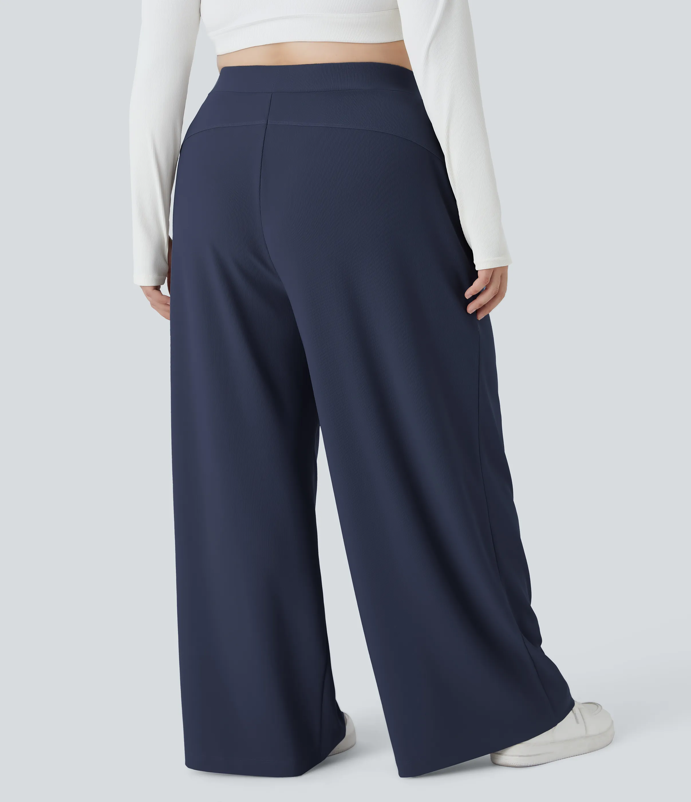 Halara Pantalón Halara Flex™ oficina tiro alto control abdomen adelgazan tiro bolsillo lateral pierna ancha microgofre talla grande - Mood Indigo - 1X(regular) sold by Halara product image thumbnail 3