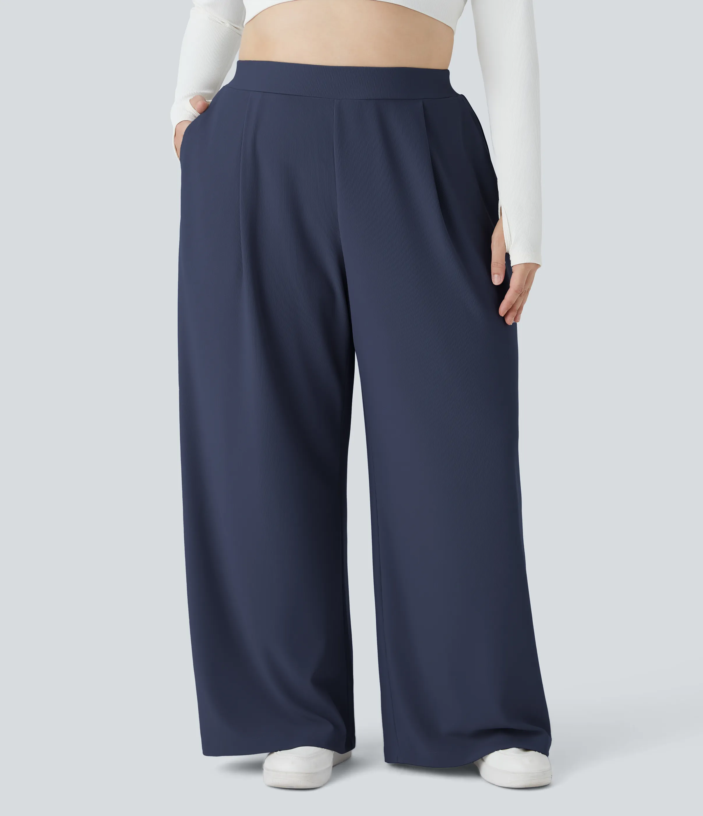 Halara Pantalón Halara Flex™ oficina tiro alto control abdomen adelgazan tiro bolsillo lateral pierna ancha microgofre talla grande - Mood Indigo - 1X(regular) sold by Halara product image thumbnail 4
