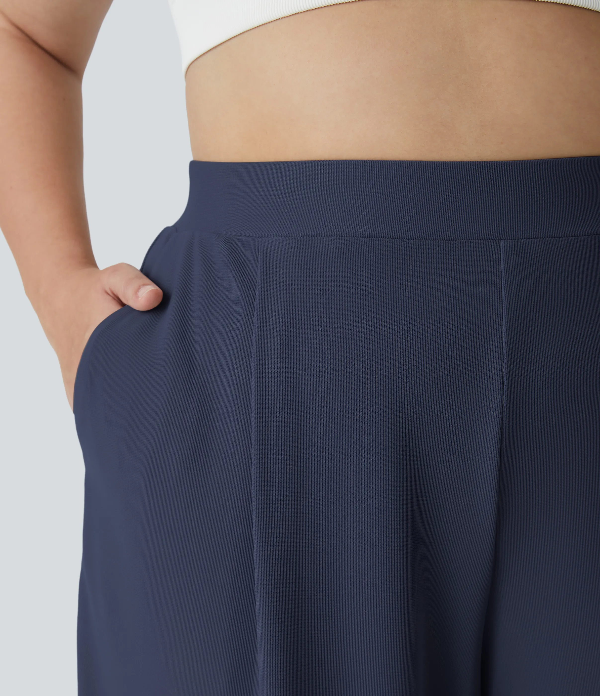 Halara Pantalón Halara Flex™ oficina tiro alto control abdomen adelgazan tiro bolsillo lateral pierna ancha microgofre talla grande - Mood Indigo - 1X(regular) sold by Halara product image thumbnail 5