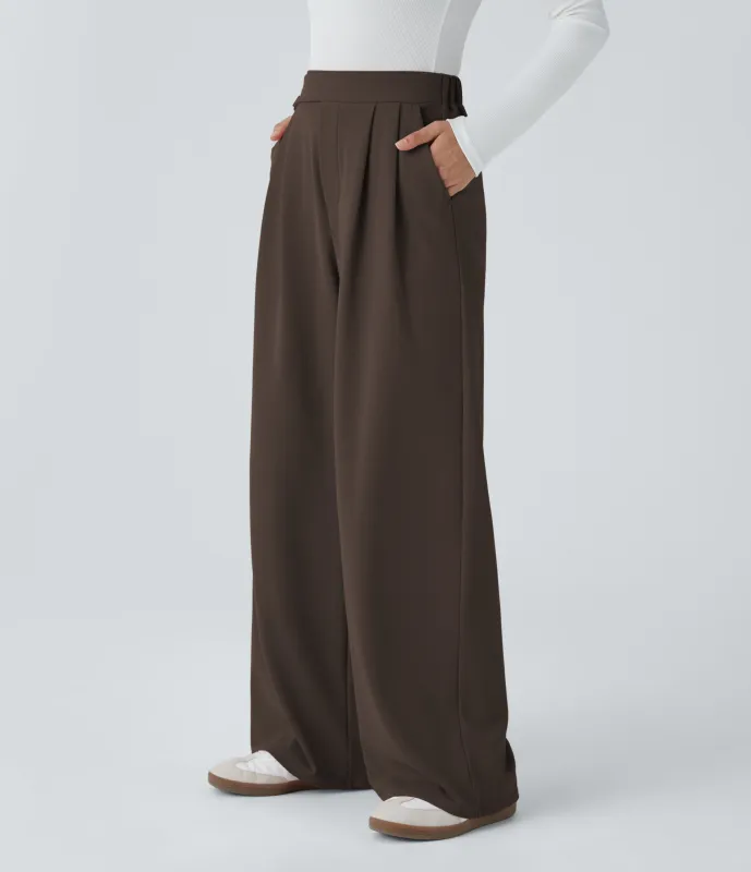 Halara Pantalón tiro alto botón bolsillo lateral plisado pierna ancha - Delicioso - L(regular) sold by Halara