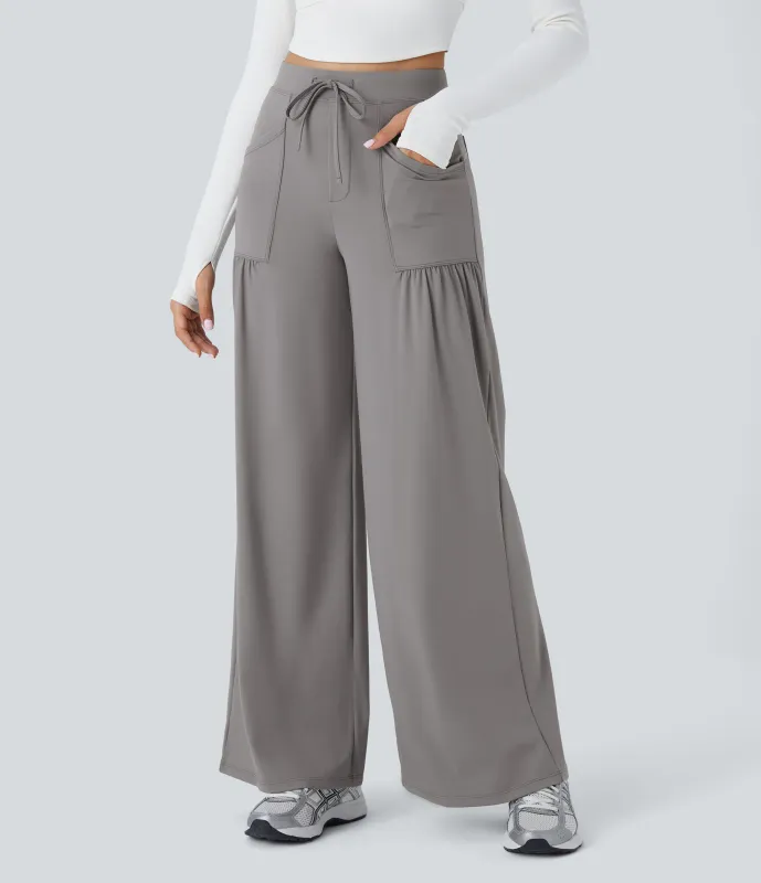 Halara Pantalón yoga pierna ancha plisado múltiple bolsillo cordón tiro alto - Steeple Gray - S(regular) sold by Halara