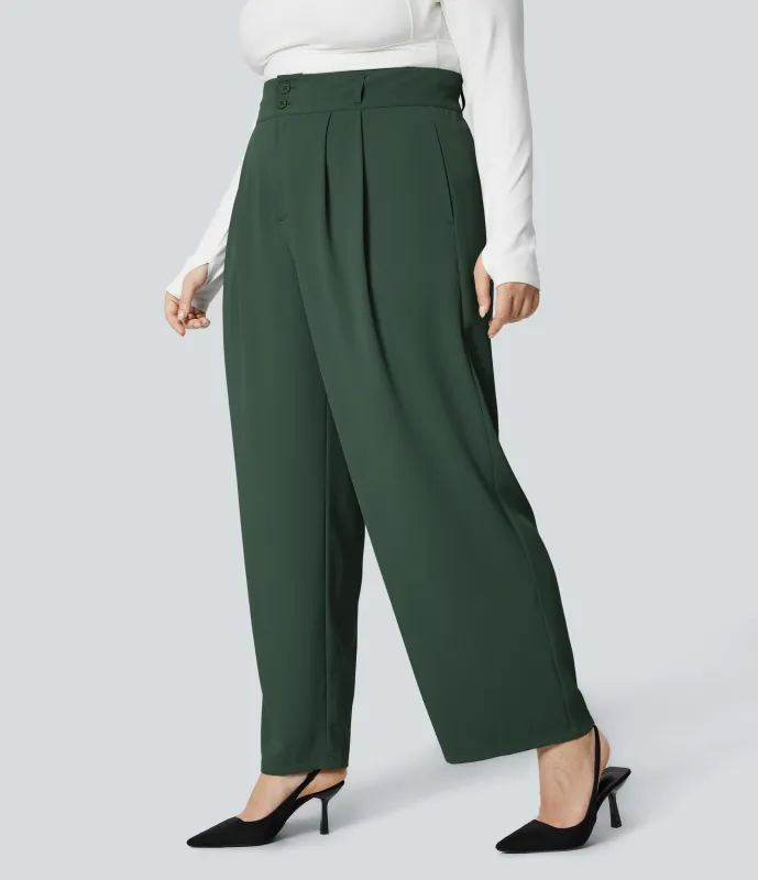 Halara Pantalón oficina tiro alto botón cremallera bolsillo lateral fruncido pierna recta talla grande - Dark Green - 2X(regular) made by Halara