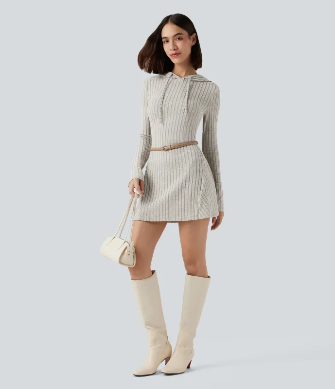 Halara Vestido casual mini de manga larga con capucha y cordón ajustable de punto acanalado - Warm Grey Floral Velvet - XL sold by Halara