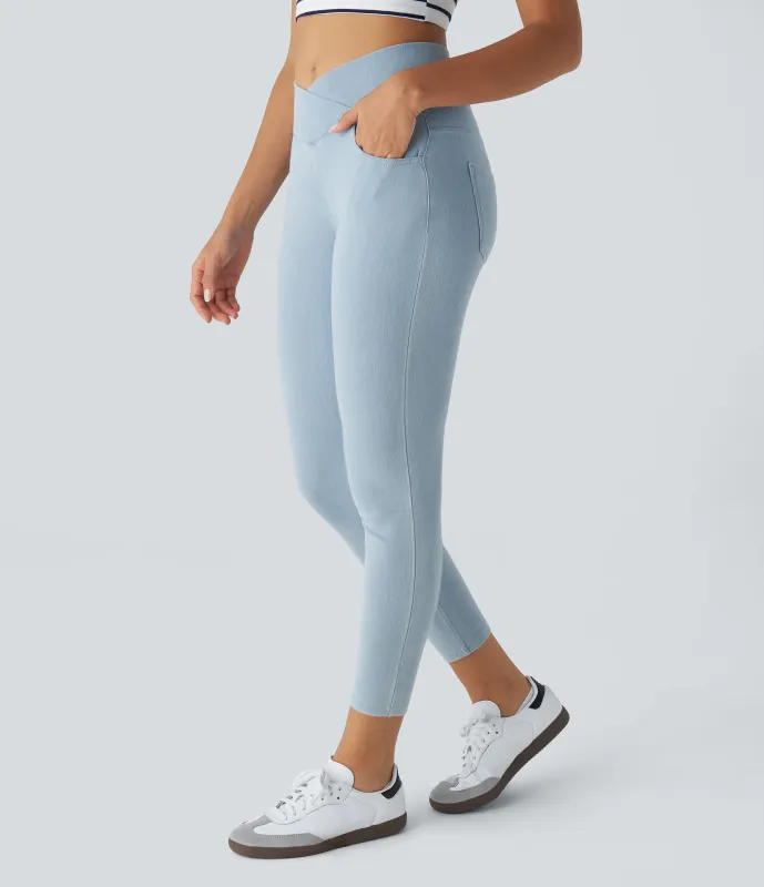Halara Leggings Halara Flex™ Denim oficina elástico múltiple bolsillo cruzado tiro alto - Denim Cyan Blue - L(full_length) made by Halara