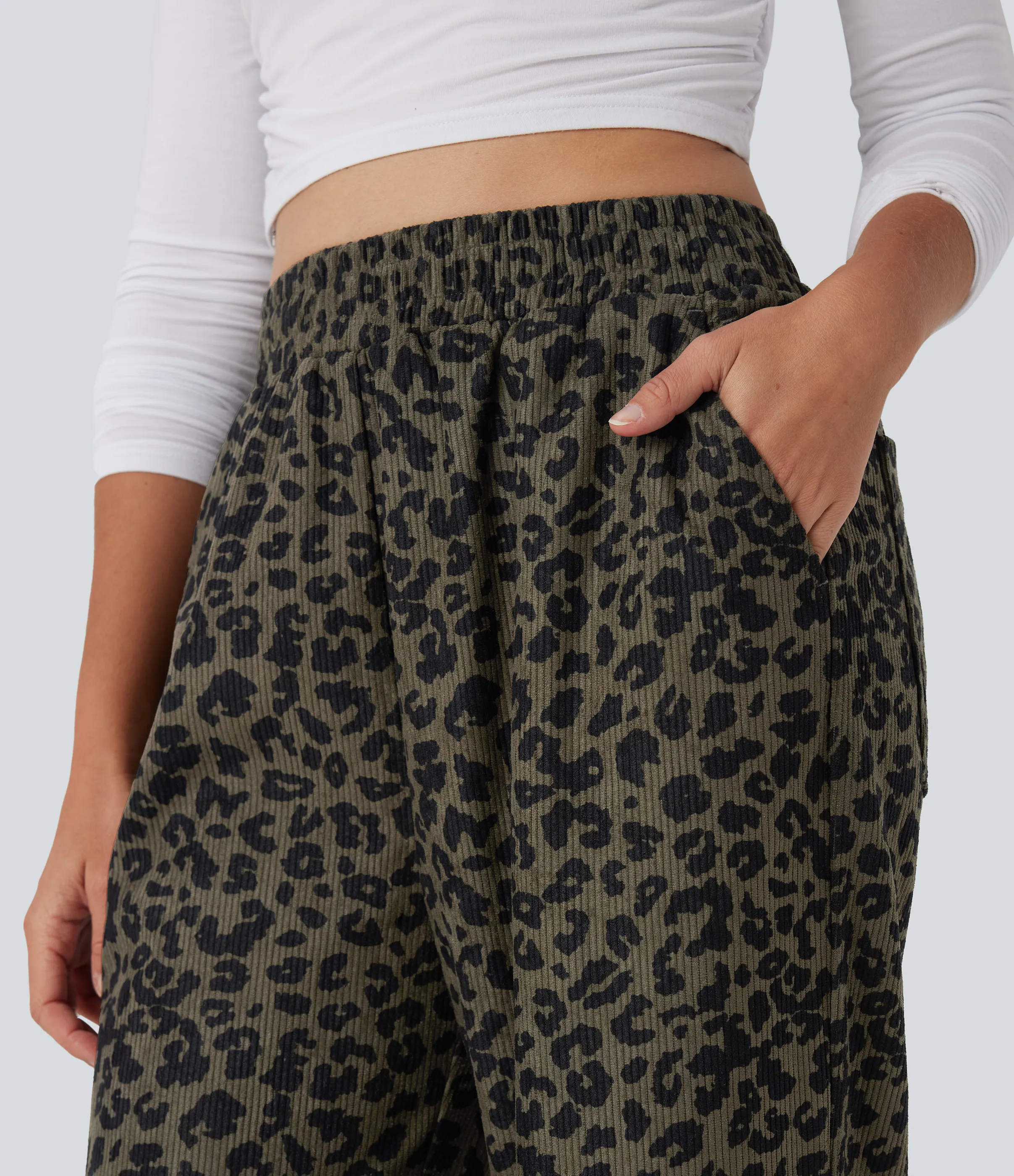 Halara Pantalones holgados casuales de pana con estampado de leopardo y tiro alto con bolsillos - Olive Leopard - M(regular) sold by Halara product image thumbnail 5