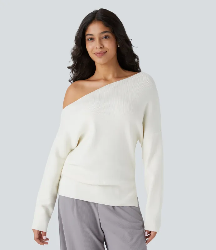 Halara Suéter oficina dividido manga larga sin hombro - Lily White - L made by Halara