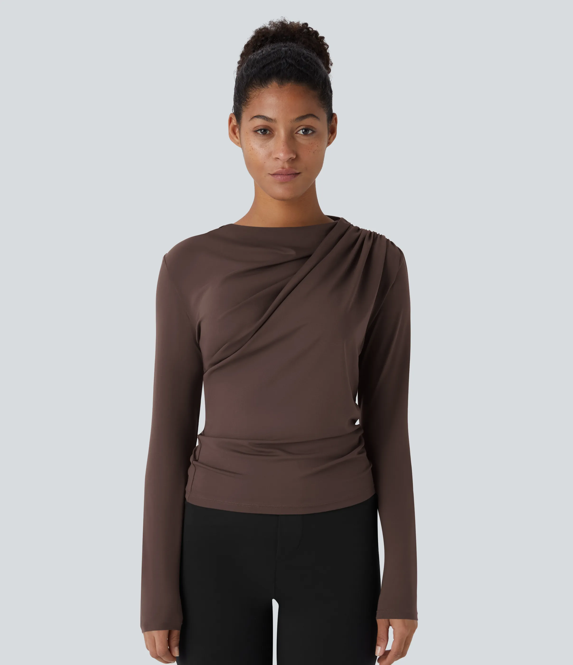 Halara Blusa oficina ajustada manga larga fruncida cuello vuelto - Chestnut - XS sold by Halara product image thumbnail 5