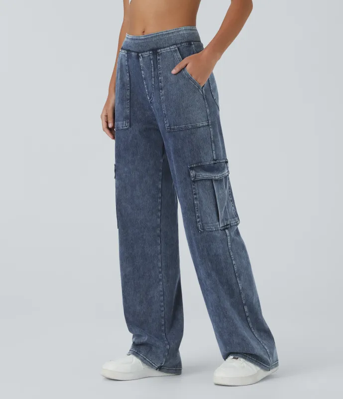 Halara Jeans Halara Flex™ Denim cargo elástico pierna recta múltiple bolsillo tiro medio - Washed Denim Bleached Blue - XS(petite) sold by Halara