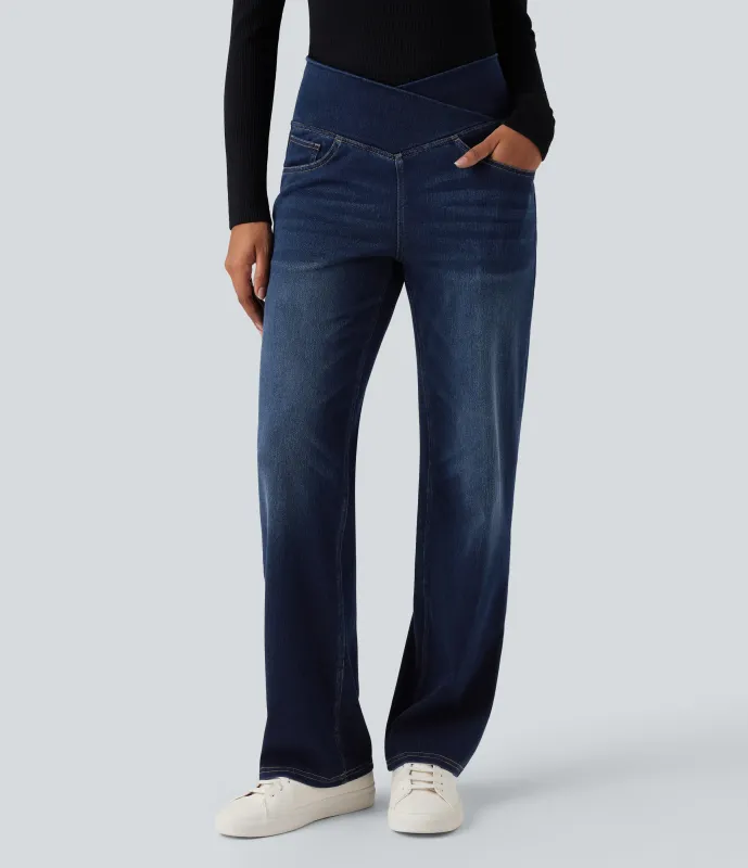 Halara Jeans casuales rectos con control de abdomen de tiro alto cruzado y bolsillos, estilo Halara Flex™ SoCinched  - Pageant Blue Denim - XS(regular) sold by Halara