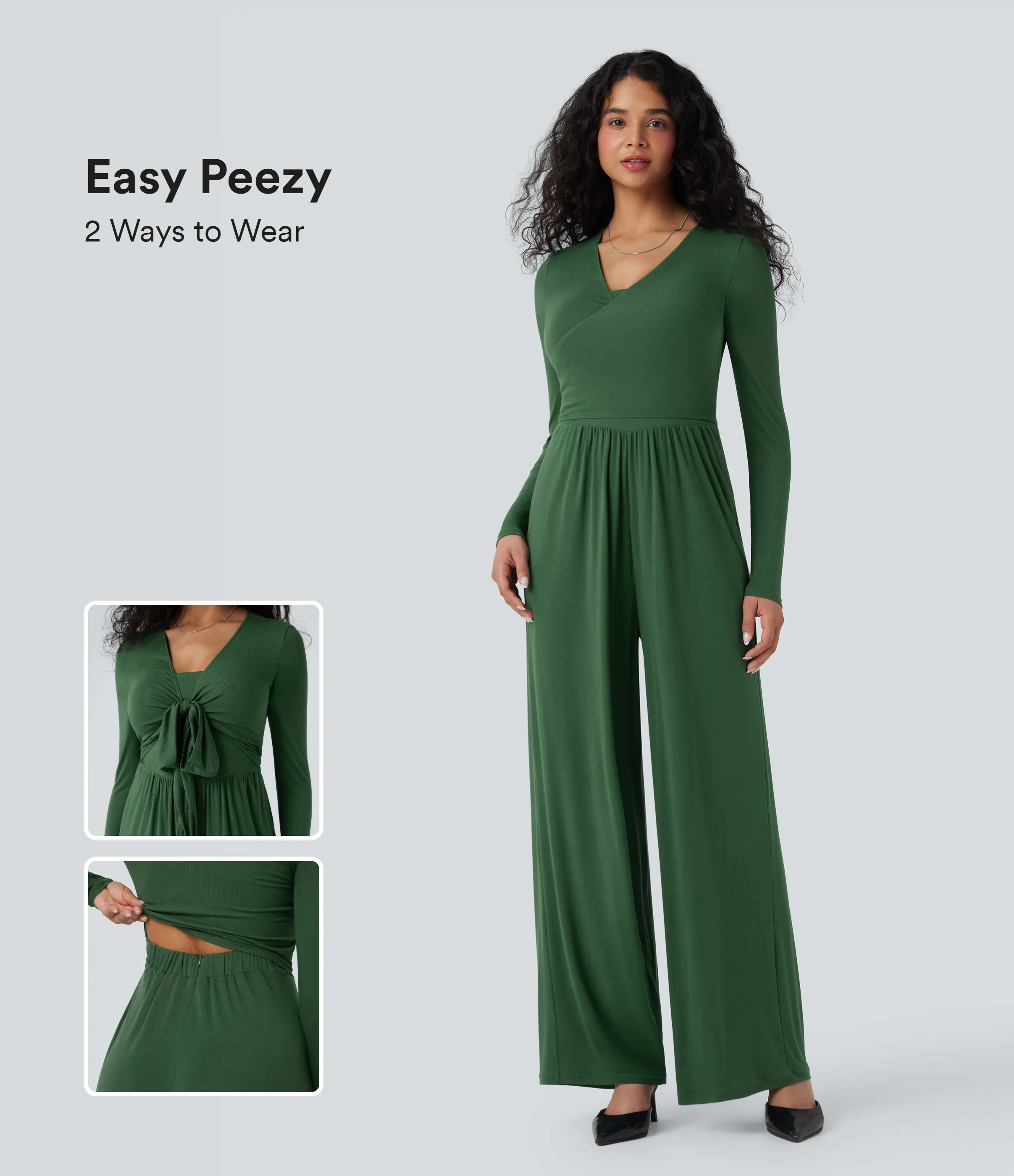 Halara Jumpsuit ancho casual de cuello en V acanalado de manga larga con espalda cruzada con lazo y bolsillos (edición Easy Peezy) - Dark Verdant Green - XL(regular) sold by Halara product image thumbnail 2