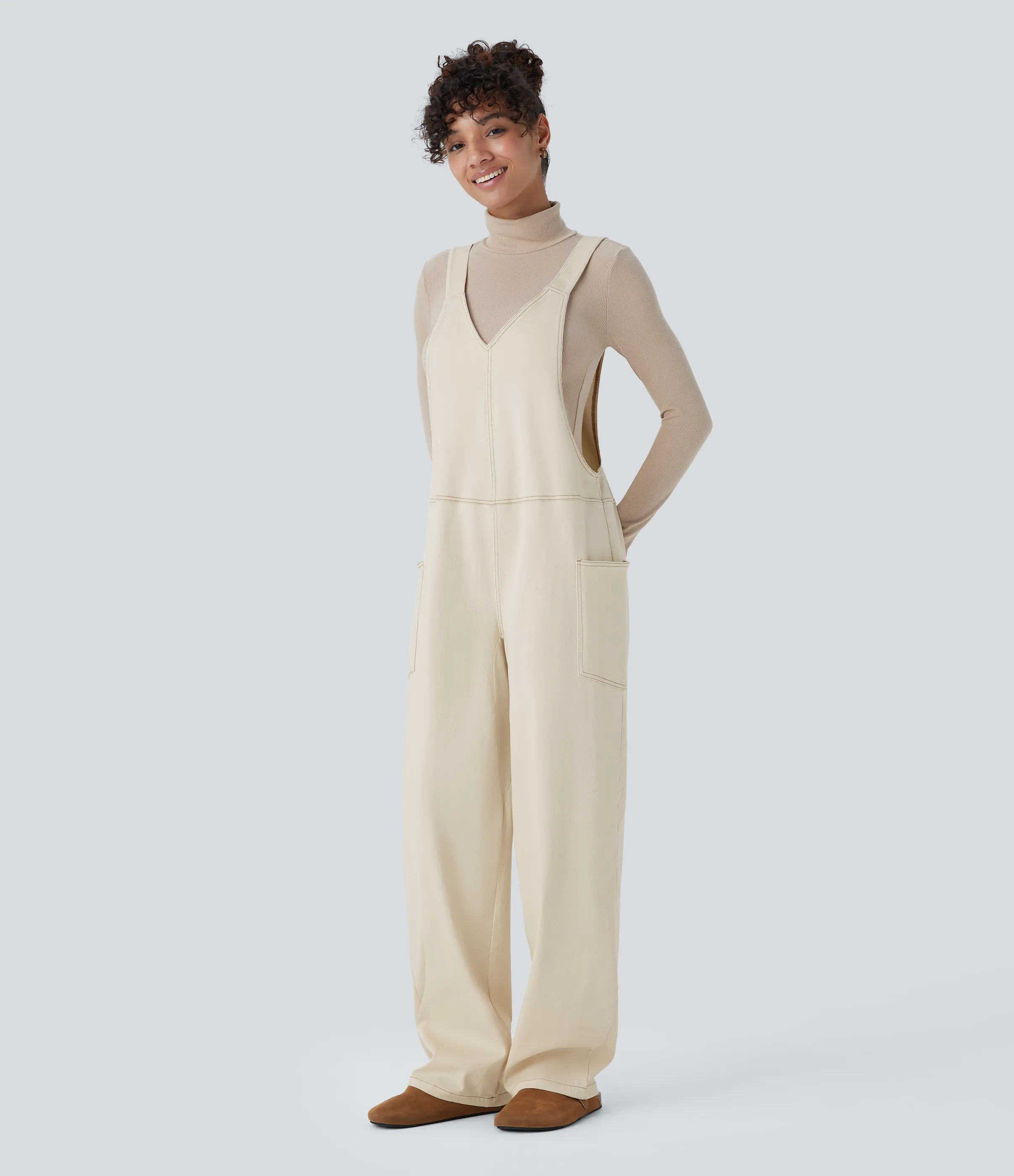 Halara Overol Halara Flex™ Denim mezclilla elástico lavado bolsillo lateral cuello V - Khaki White Denim - XL(regular) sold by Halara product image thumbnail 4