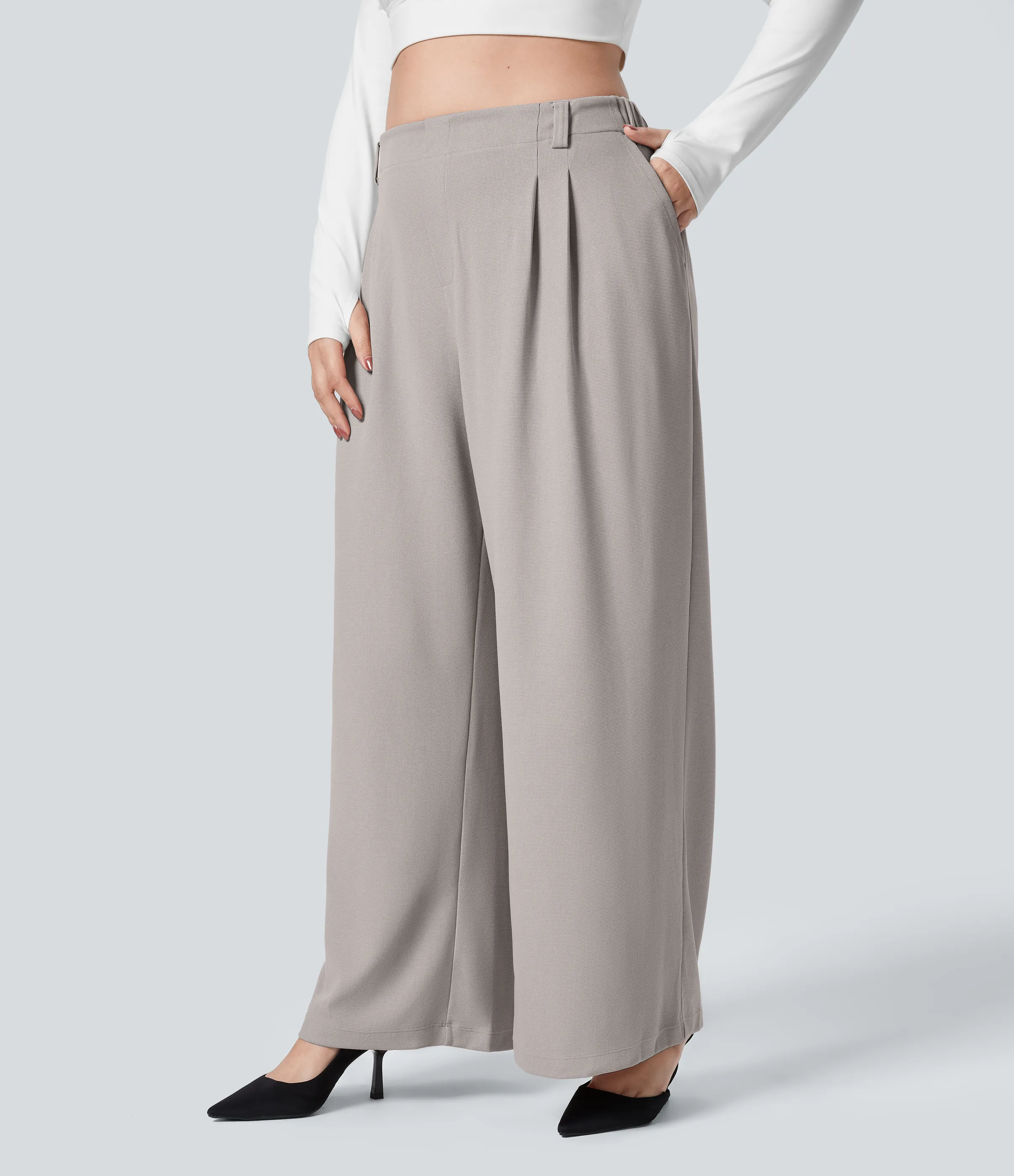 Halara Pantalón Halara Flex™ oficina tiro alto pliegue bolsillo lateral pierna ancha gofre talla grande - Mink Ash - 1X(petite) sold by Halara product image thumbnail 4