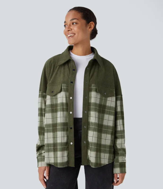 Halara Chaqueta pana cuadro cuello botón manga larga dobladillo curvo - Hazel Mist Green - XS sold by Halara