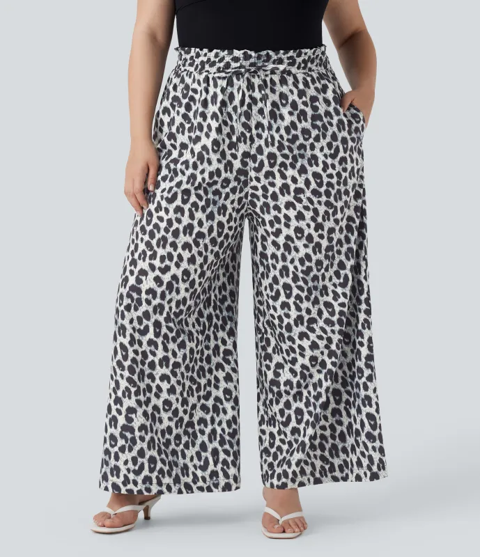 Halara Pantalón pierna ancha estampado leopardo tiro alto cordón ajustable talla grande bolsillo lateral - Silver Leopard Print - 1X(regular) made by Halara