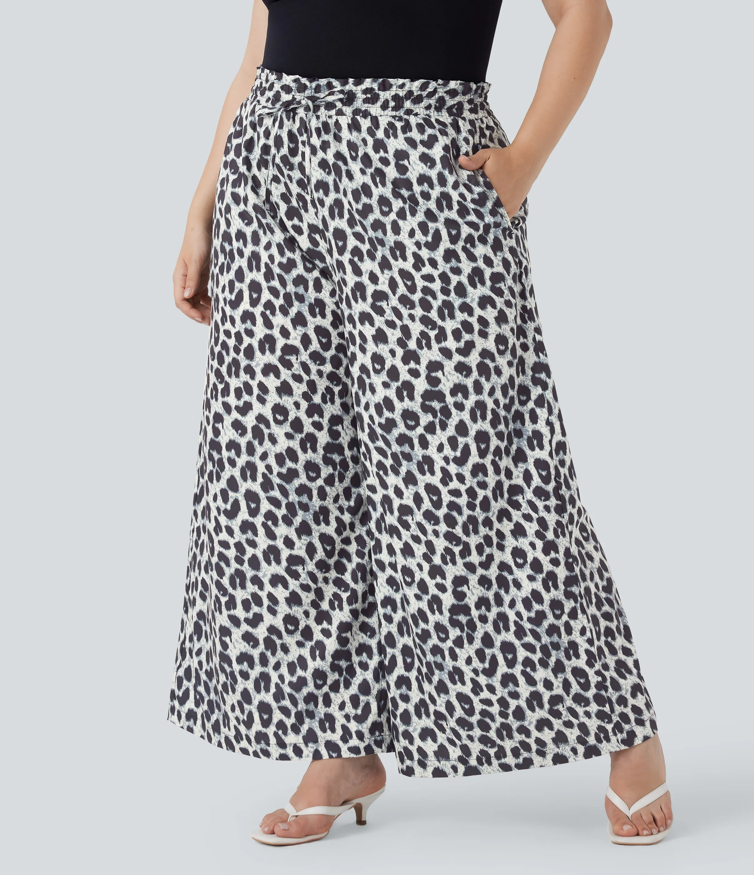 Halara Pantalón pierna ancha estampado leopardo tiro alto cordón ajustable talla grande bolsillo lateral - Silver Leopard Print - 1X(regular) sold by Halara product image thumbnail 4