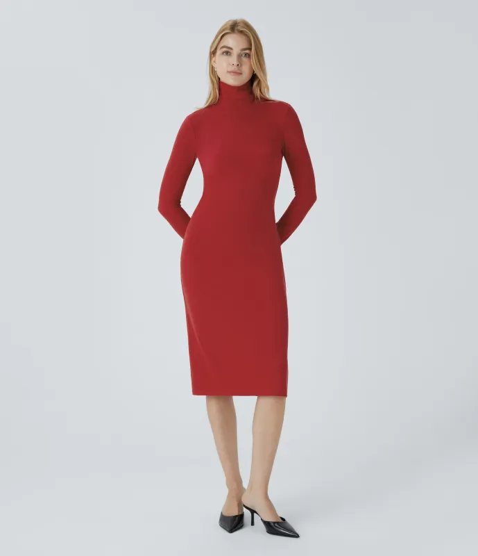 Halara Vestido oficina ajustado media pierna cuello alto manga larga acanalado - Samba - XL sold by Halara