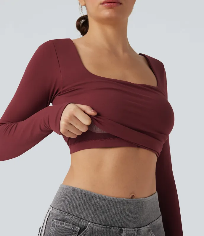 Halara Top deportivo de yoga 2 en 1 de manga larga con cuello cuadrado y sin costuras - Pomegranate - S sold by Halara