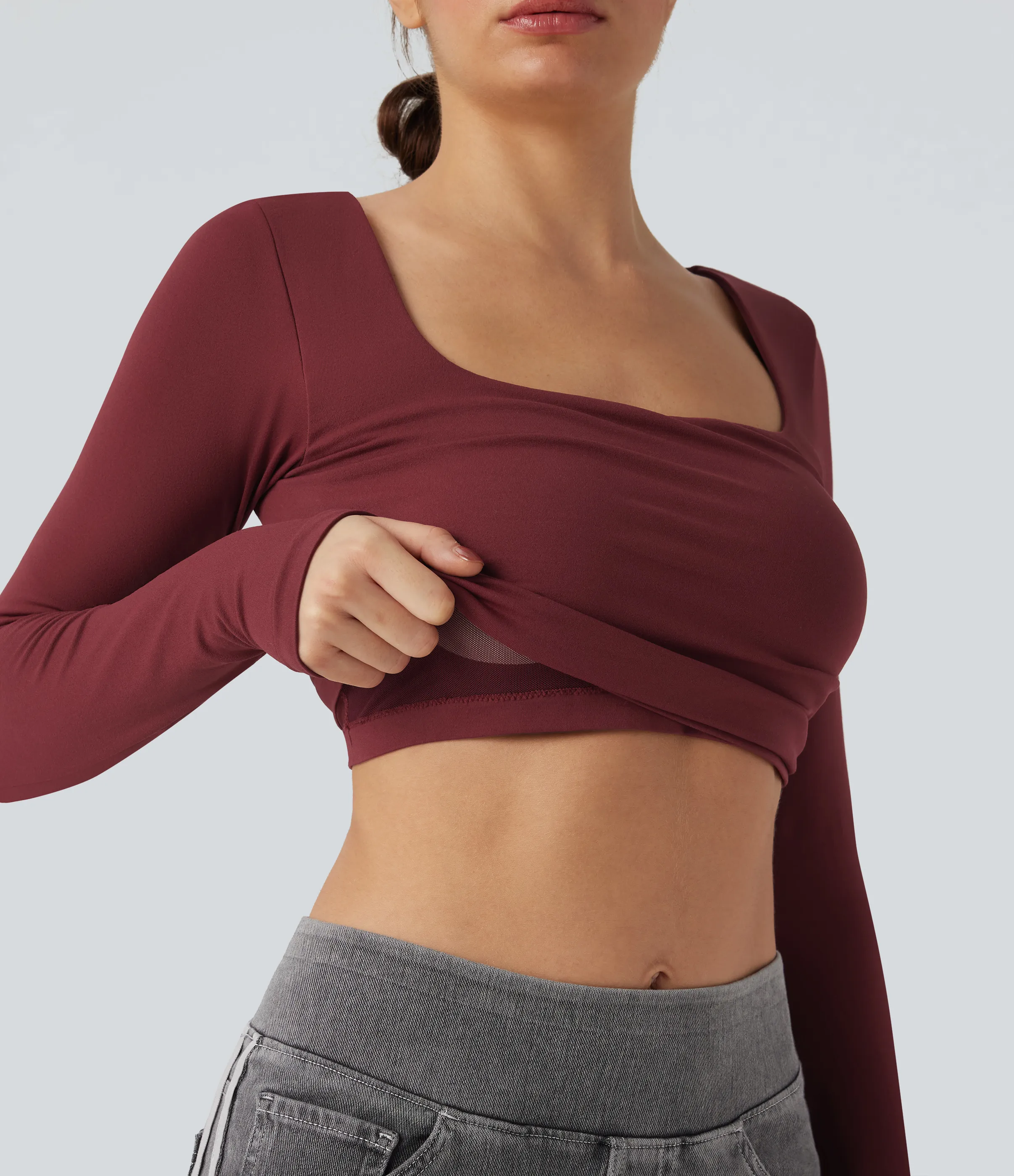 Halara Top deportivo de yoga 2 en 1 de manga larga con cuello cuadrado y sin costuras - Pomegranate - S sold by Halara product image thumbnail 2