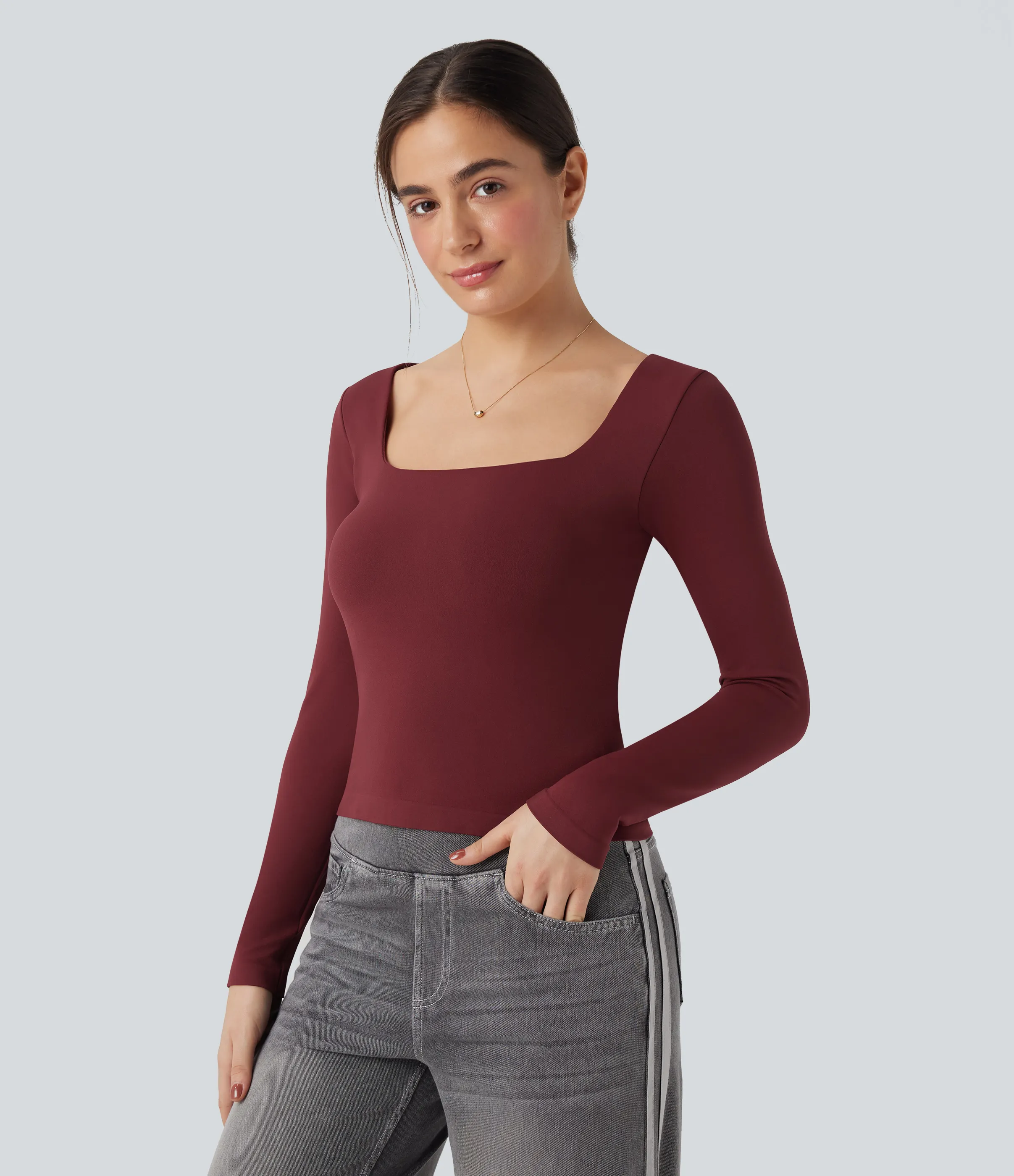 Halara Top deportivo de yoga 2 en 1 de manga larga con cuello cuadrado y sin costuras - Pomegranate - S sold by Halara product image thumbnail 5