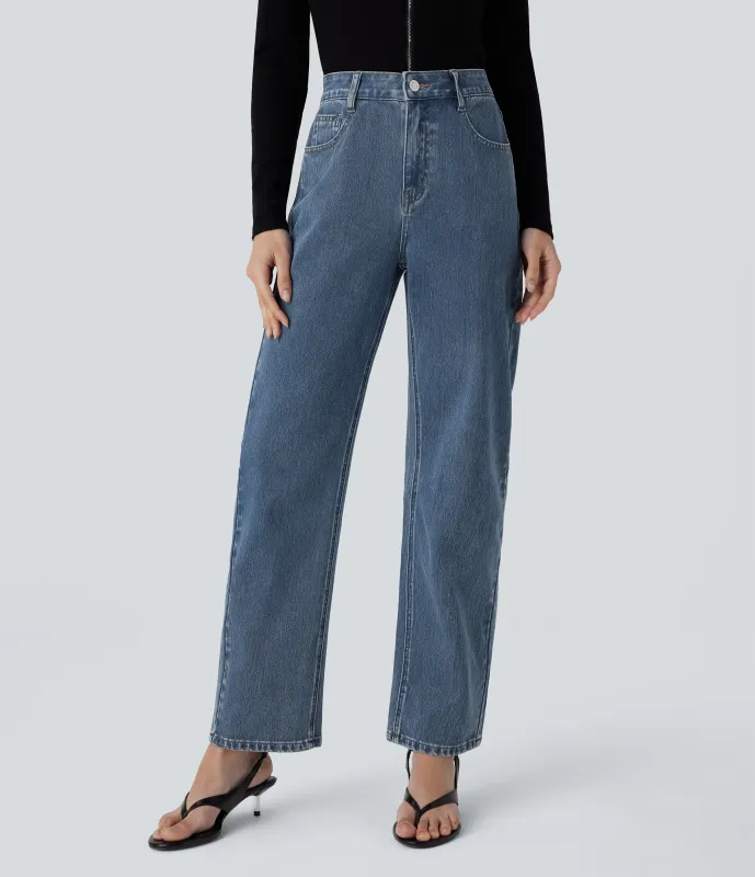 Halara Jeans Halara Flex™ Denim elástico tiro alto cierre botón múltiple bolsillo pierna recta - Titanium Blue Denim - XL(regular) sold by Halara