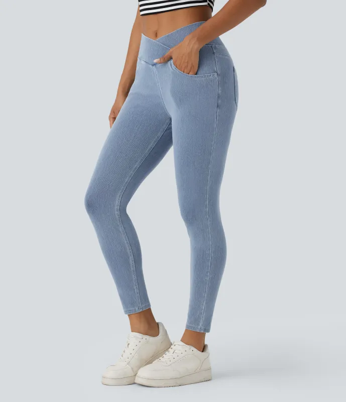 Halara Leggings Halara Flex™ Denim oficina elástico múltiple bolsillo cruzado tiro alto - Ice Crevice Denim - M(full_length) sold by Halara