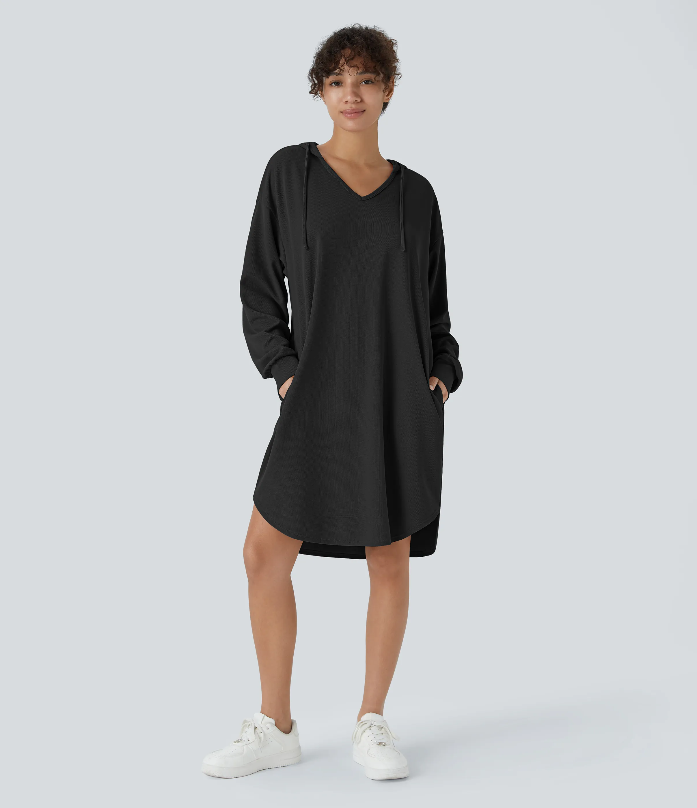 Halara Vestido sudadera manga larga capucha cordón ajustable bolsillo lateral dobladillo curvo alto bajo holgado gofre - Black - L sold by Halara product image thumbnail 2