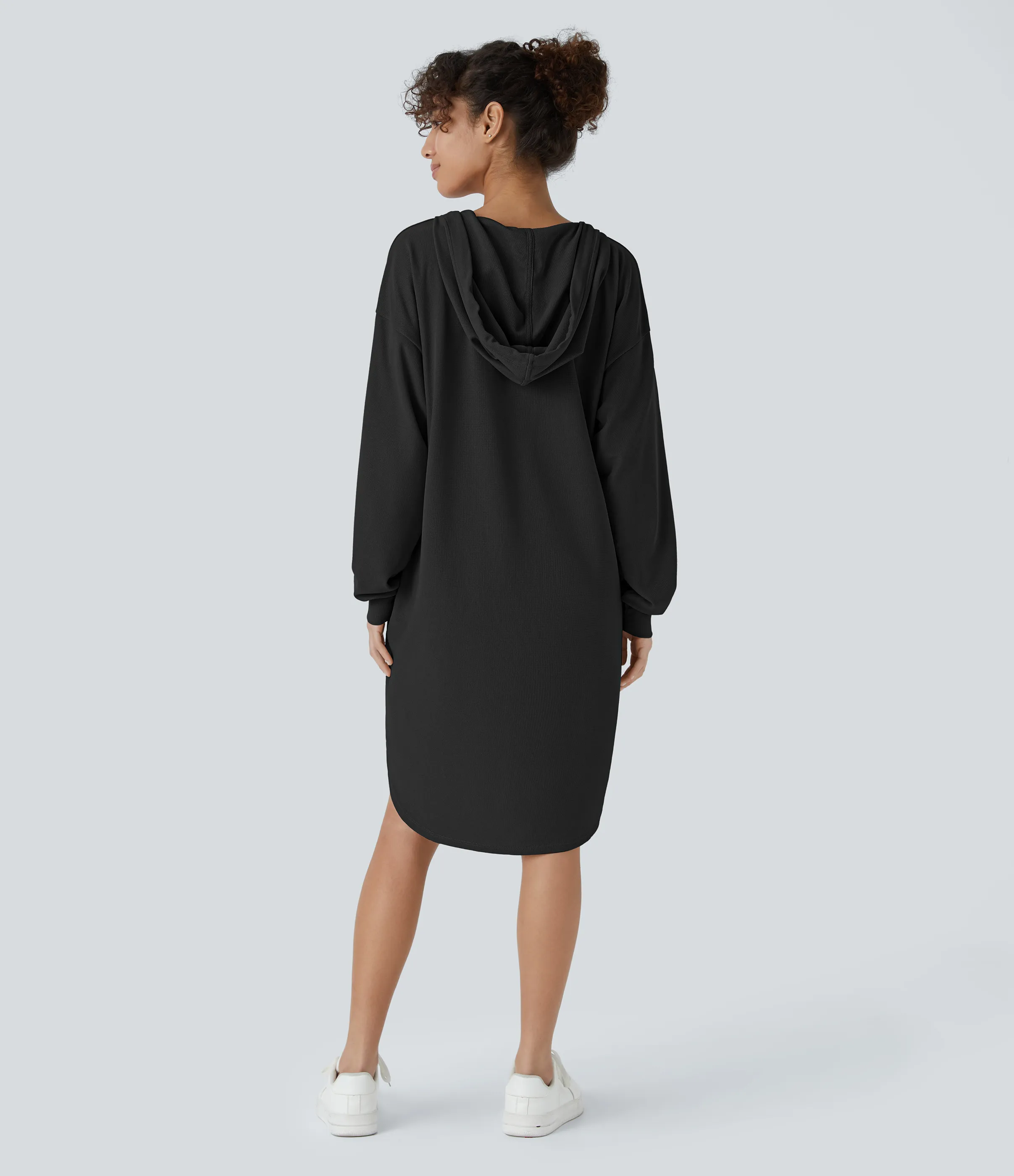 Halara Vestido sudadera manga larga capucha cordón ajustable bolsillo lateral dobladillo curvo alto bajo holgado gofre - Black - L sold by Halara product image thumbnail 3