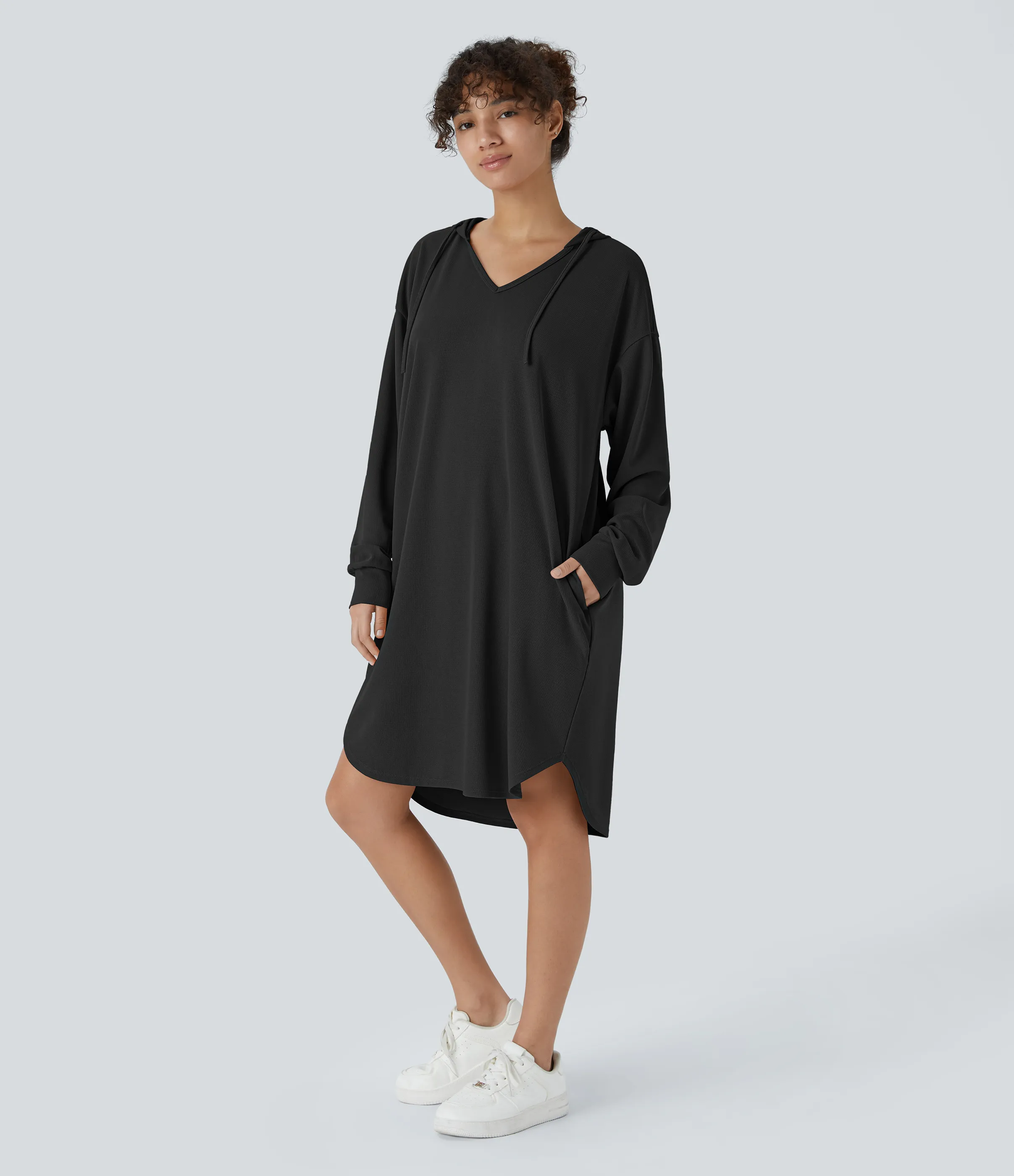 Halara Vestido sudadera manga larga capucha cordón ajustable bolsillo lateral dobladillo curvo alto bajo holgado gofre - Black - L sold by Halara product image thumbnail 4