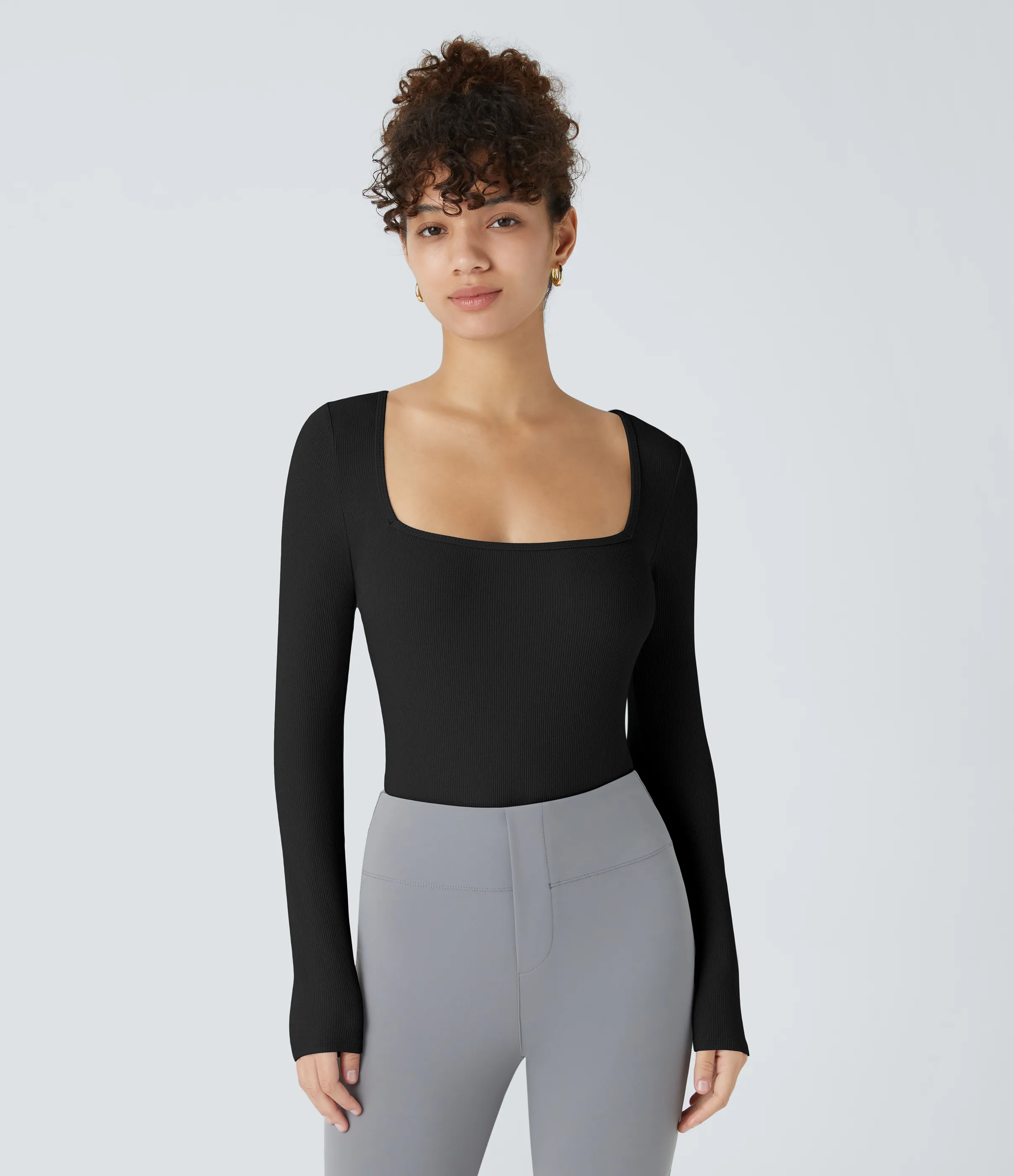 Halara Body oficina ajustado botón manga larga cuello cuadrado acanalado - Black - XL sold by Halara product image thumbnail 3