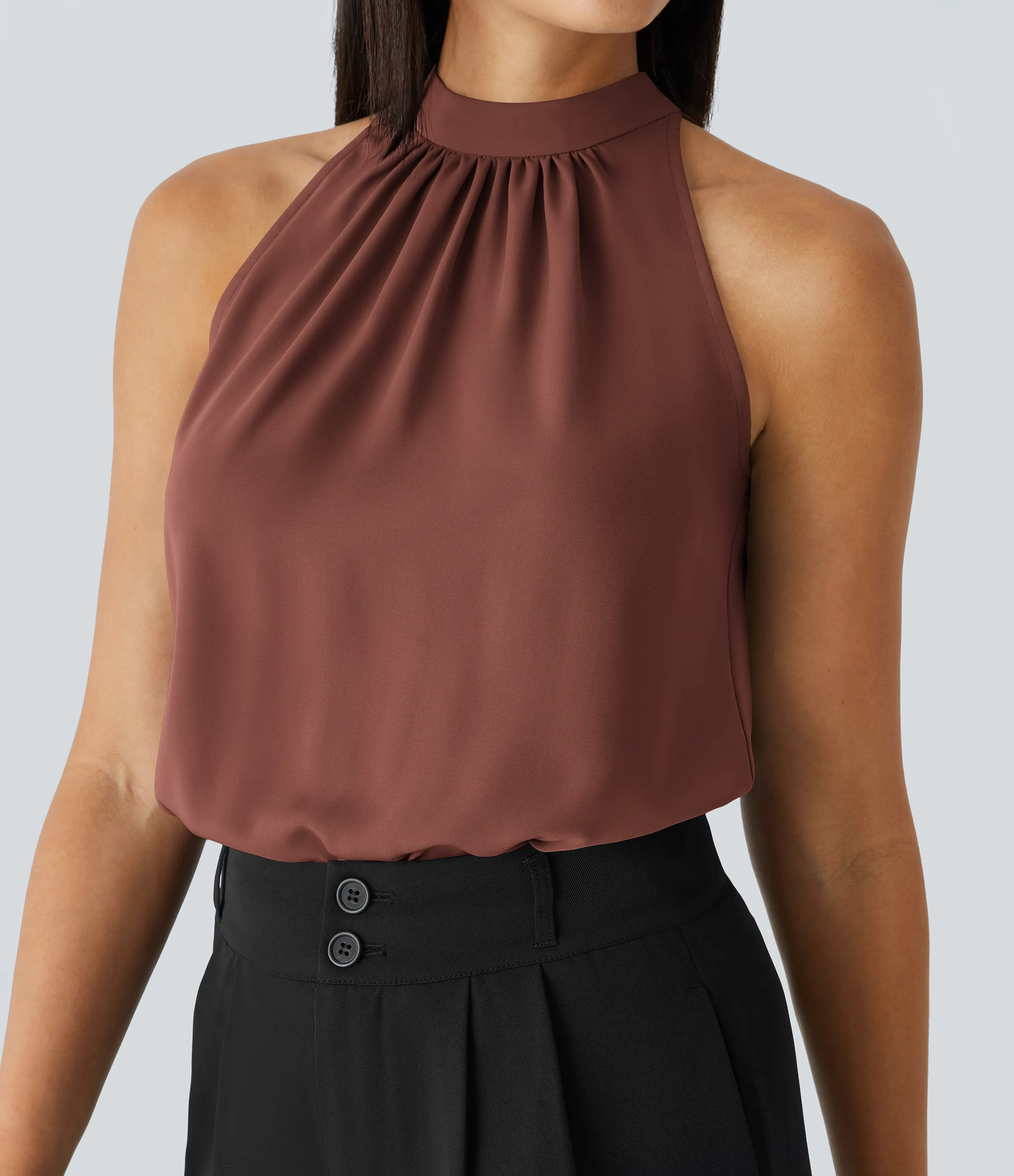 Halara Blusa oficina dobladillo curvado sin manga plisada abertura espalda halter - Mahogany - S sold by Halara product image thumbnail 5